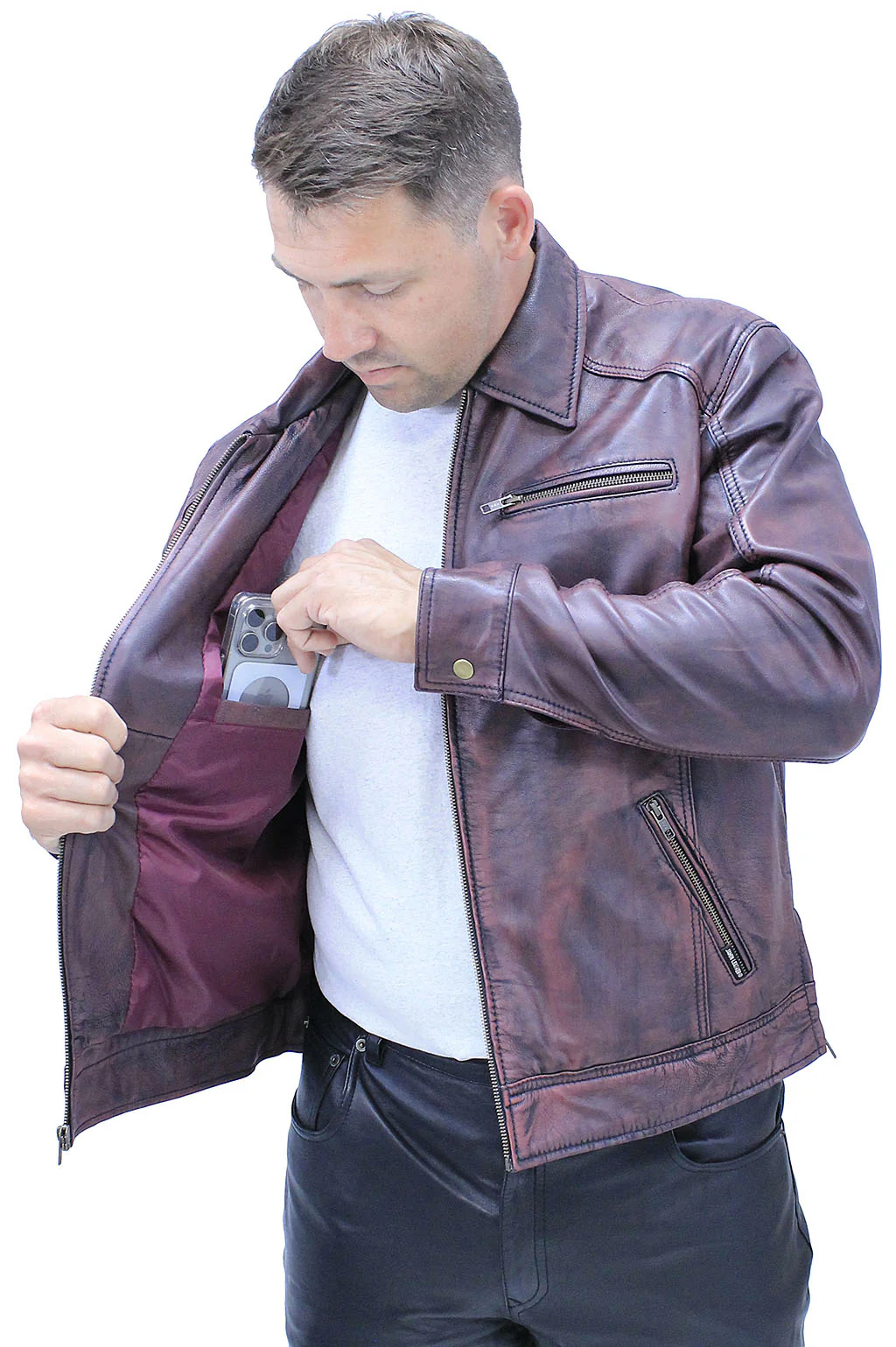 1950's Burgundy Distressed Leather Jacket w/CC Pockets #MA1959GR - Image 3