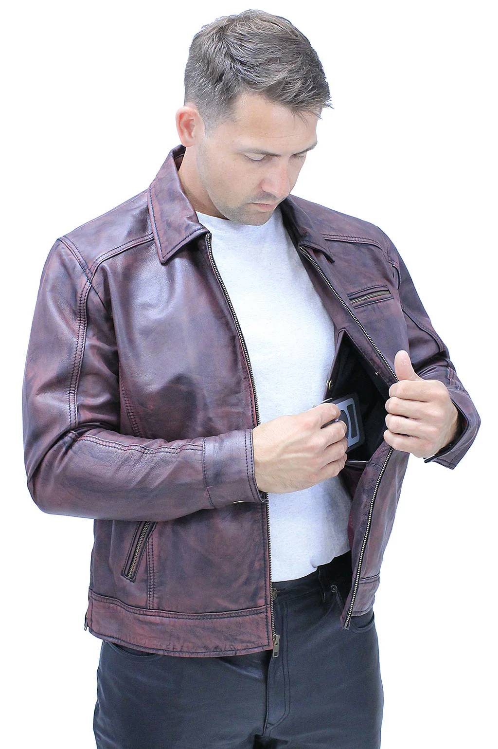 1950's Burgundy Distressed Leather Jacket w/CC Pockets #MA1959GR - Image 4