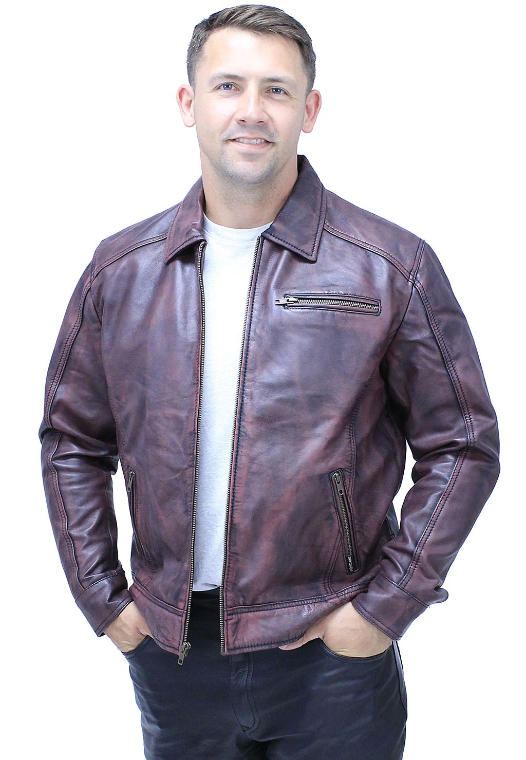 1950's Burgundy Distressed Leather Jacket w/CC Pockets #MA1959GR - Image 6