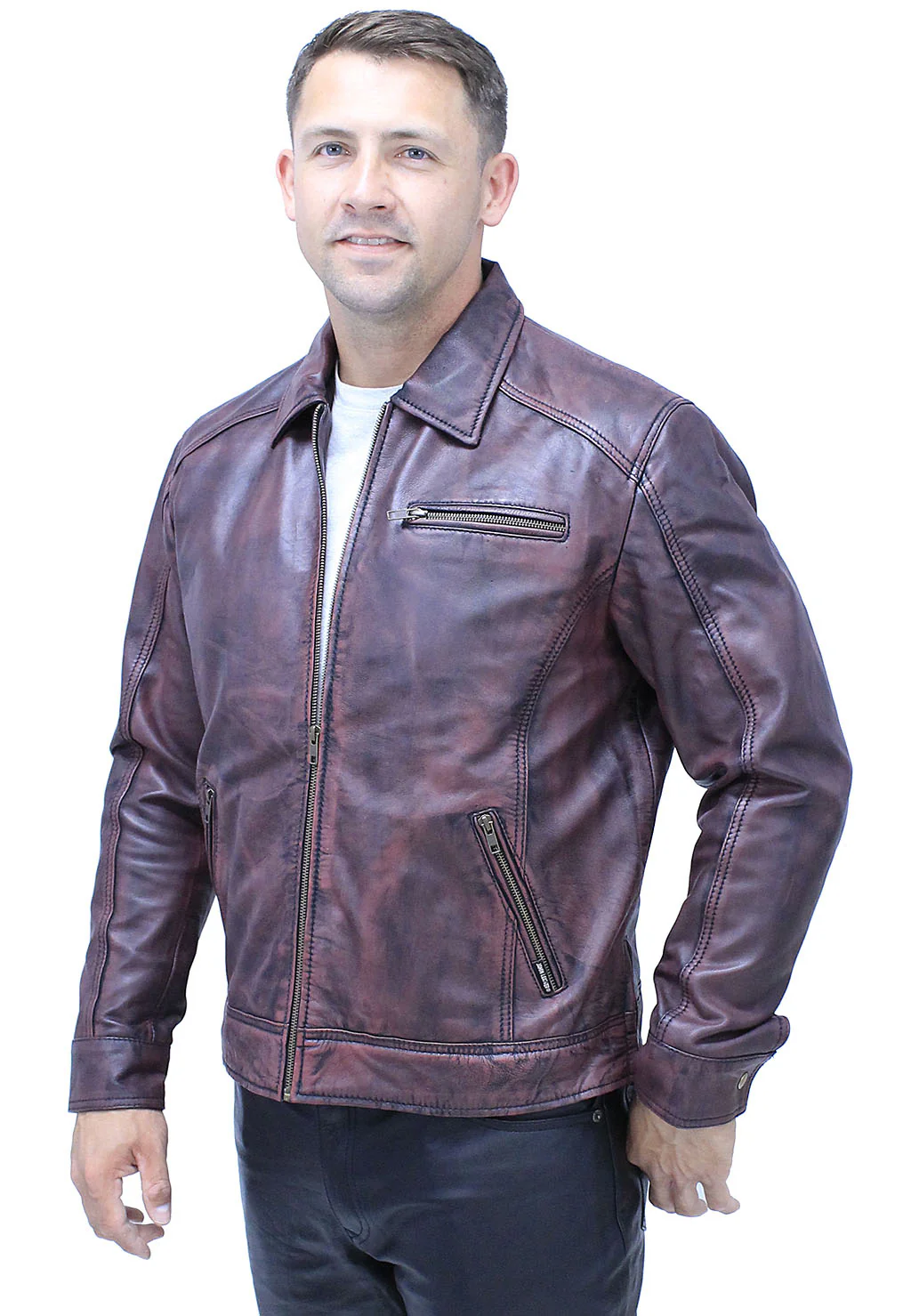 1950's Burgundy Distressed Leather Jacket w/CC Pockets #MA1959GR - Image 7