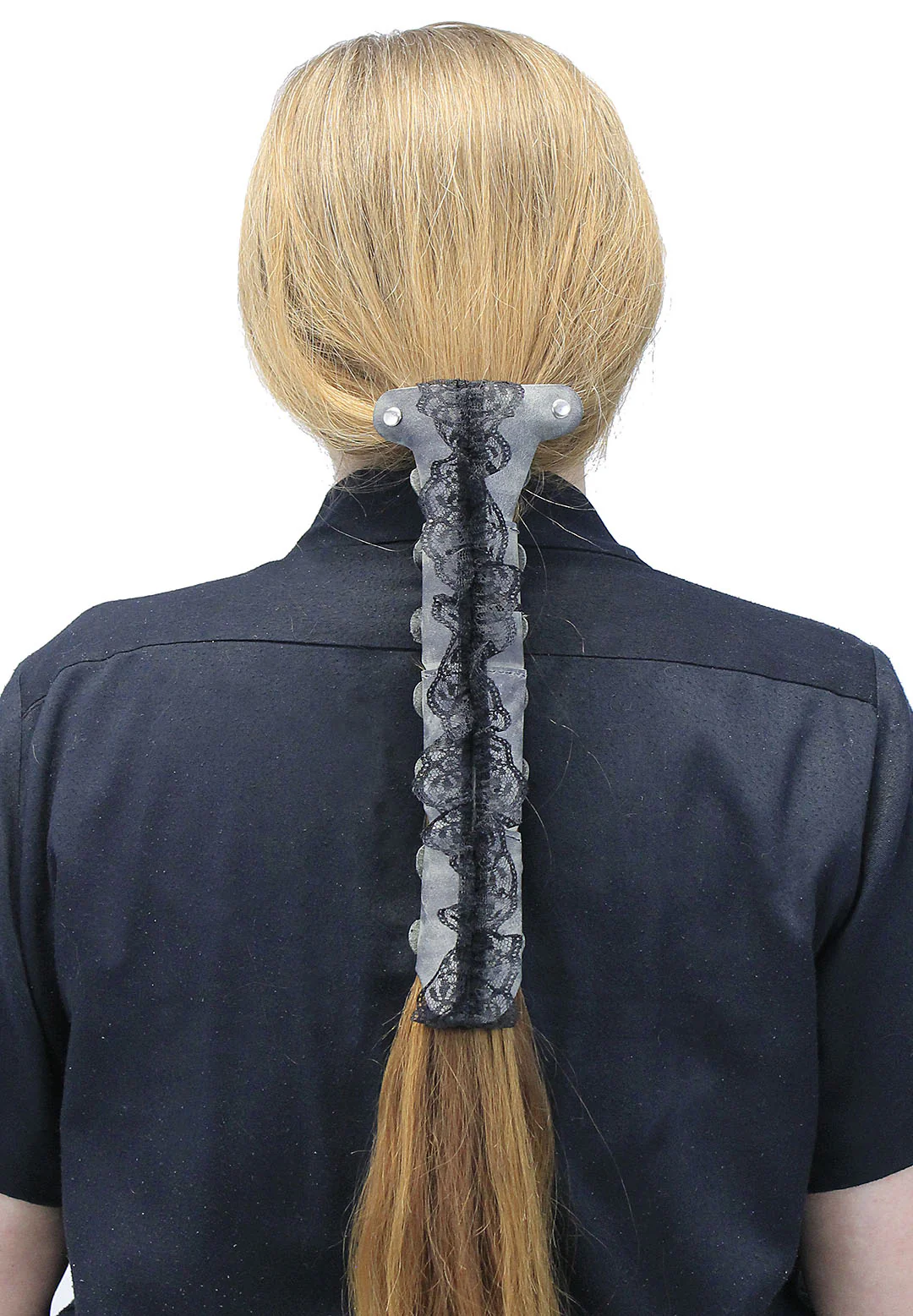 Antiqued Gray Leather and Lace Hair Tube Barrette #AHW2300LGY - Image 2