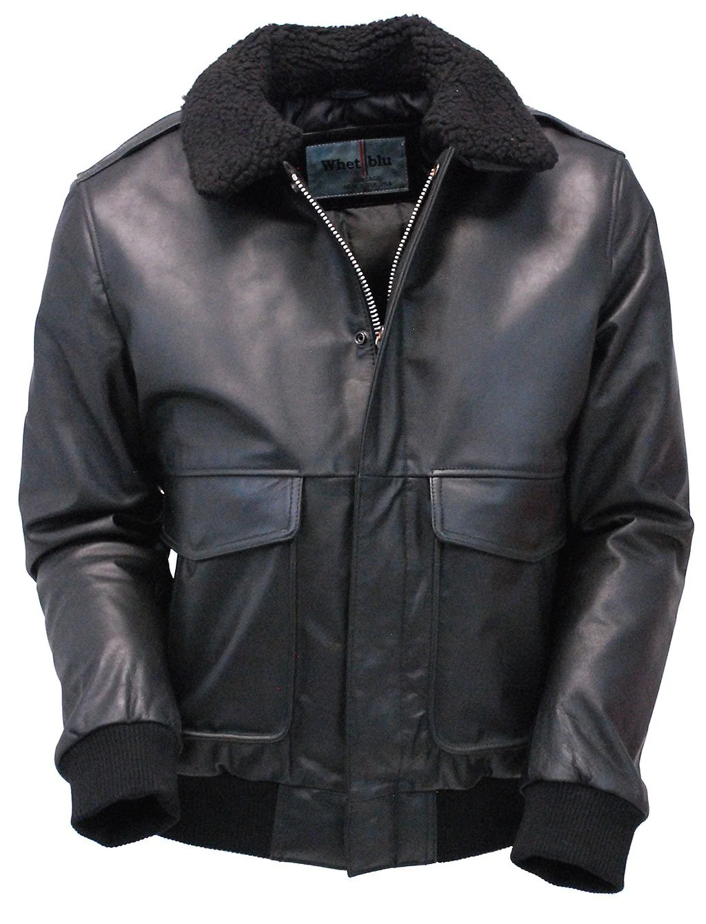 Black Classic A2 Leather Bomber Jacket w/Removable Collar #M2190K - Image 2