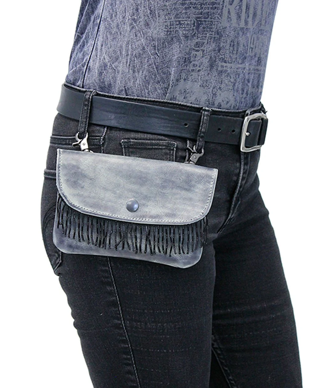 Black Bead Fringe & Antique Gray Leather Clip Pouch #PKK2303BGY - Image 2