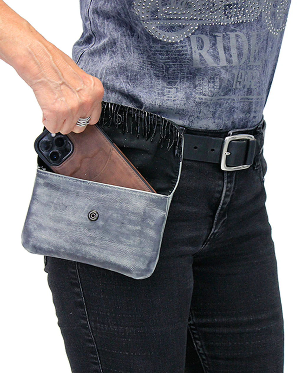 Black Bead Fringe & Antique Gray Leather Clip Pouch #PKK2303BGY - Image 3