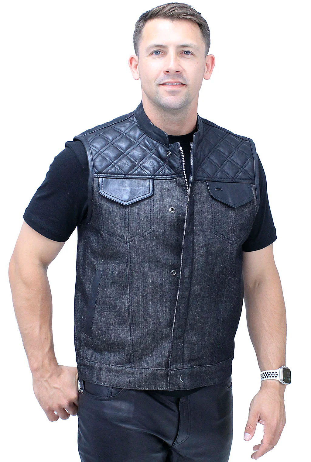 Black Denim Leather Quilt Concealed Pockets Club Vest #VM6676DGQK - Image 3