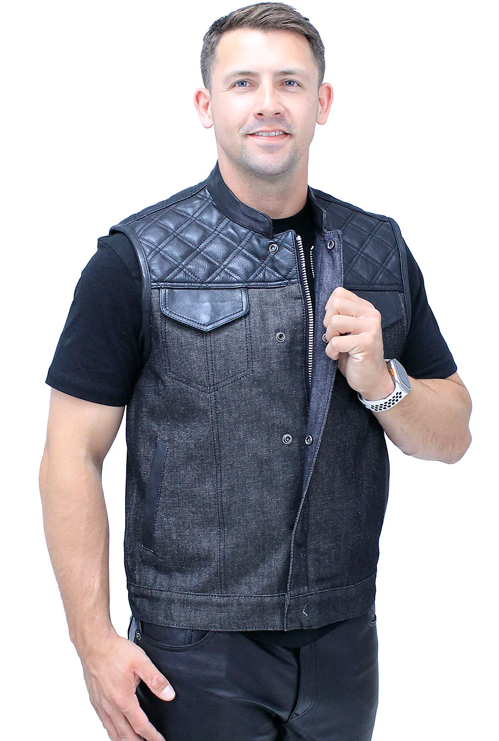 Black Denim Leather Quilt Concealed Pockets Club Vest #VM6676DGQK - Image 4
