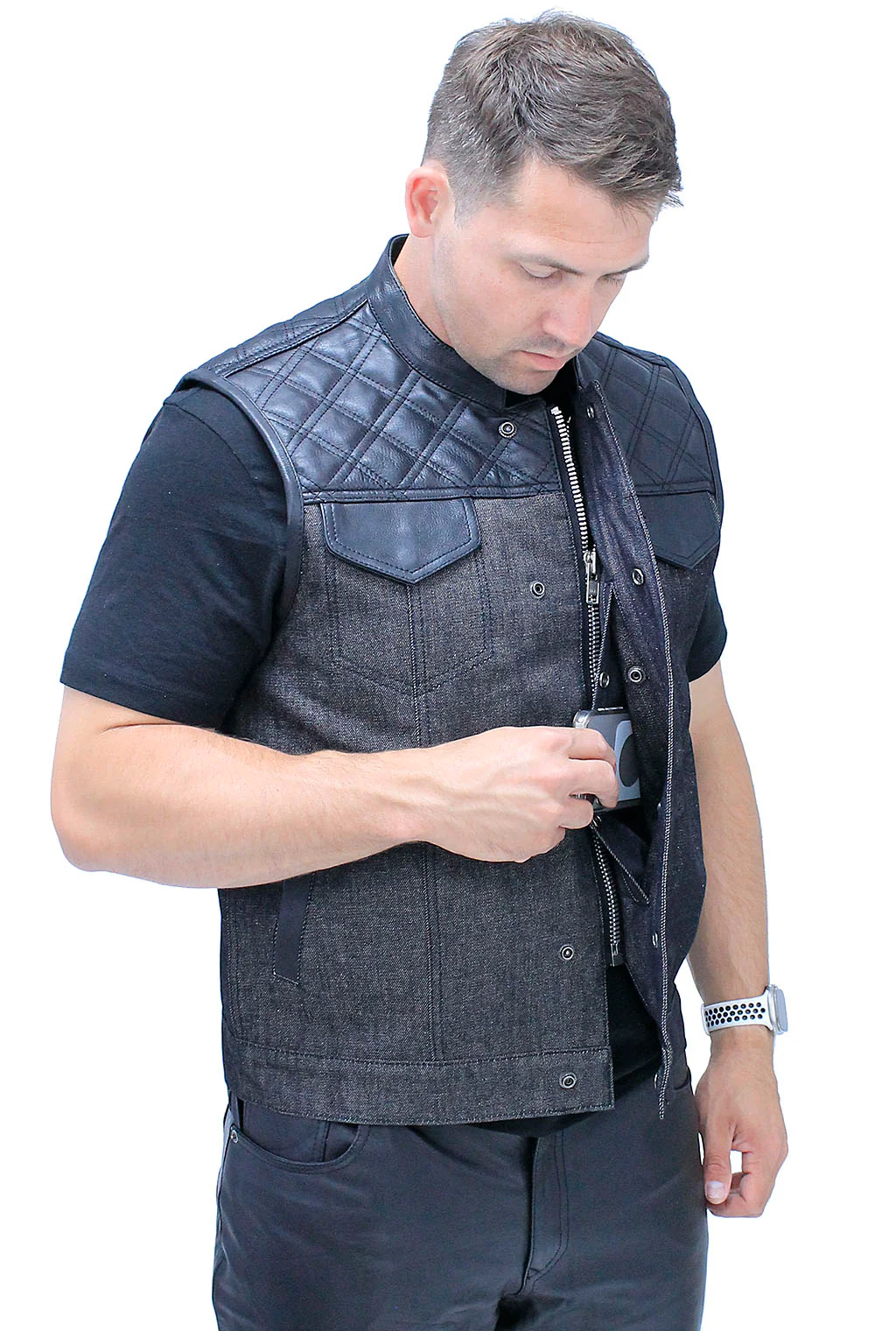 Black Denim Leather Quilt Concealed Pockets Club Vest #VM6676DGQK - Image 5