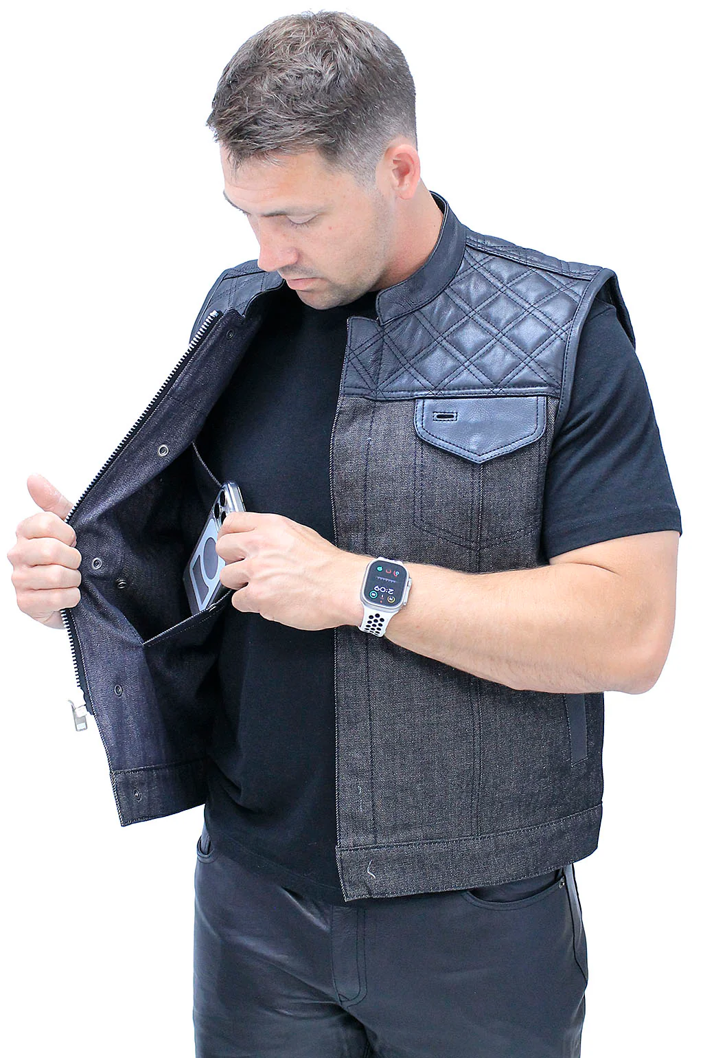 Black Denim Leather Quilt Concealed Pockets Club Vest #VM6676DGQK - Image 6