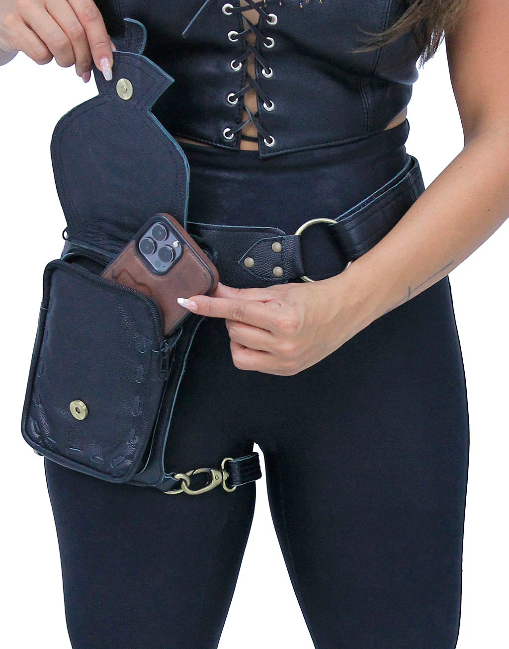 Black Heavy Leather Multi-D-Ring Thigh Bag Waistbag #TB70150DK - Image 3