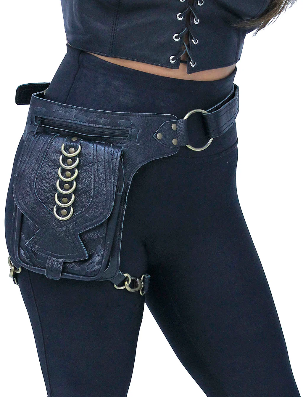 Black Heavy Leather Multi-D-Ring Thigh Bag Waistbag #TB70150DK - Image 5