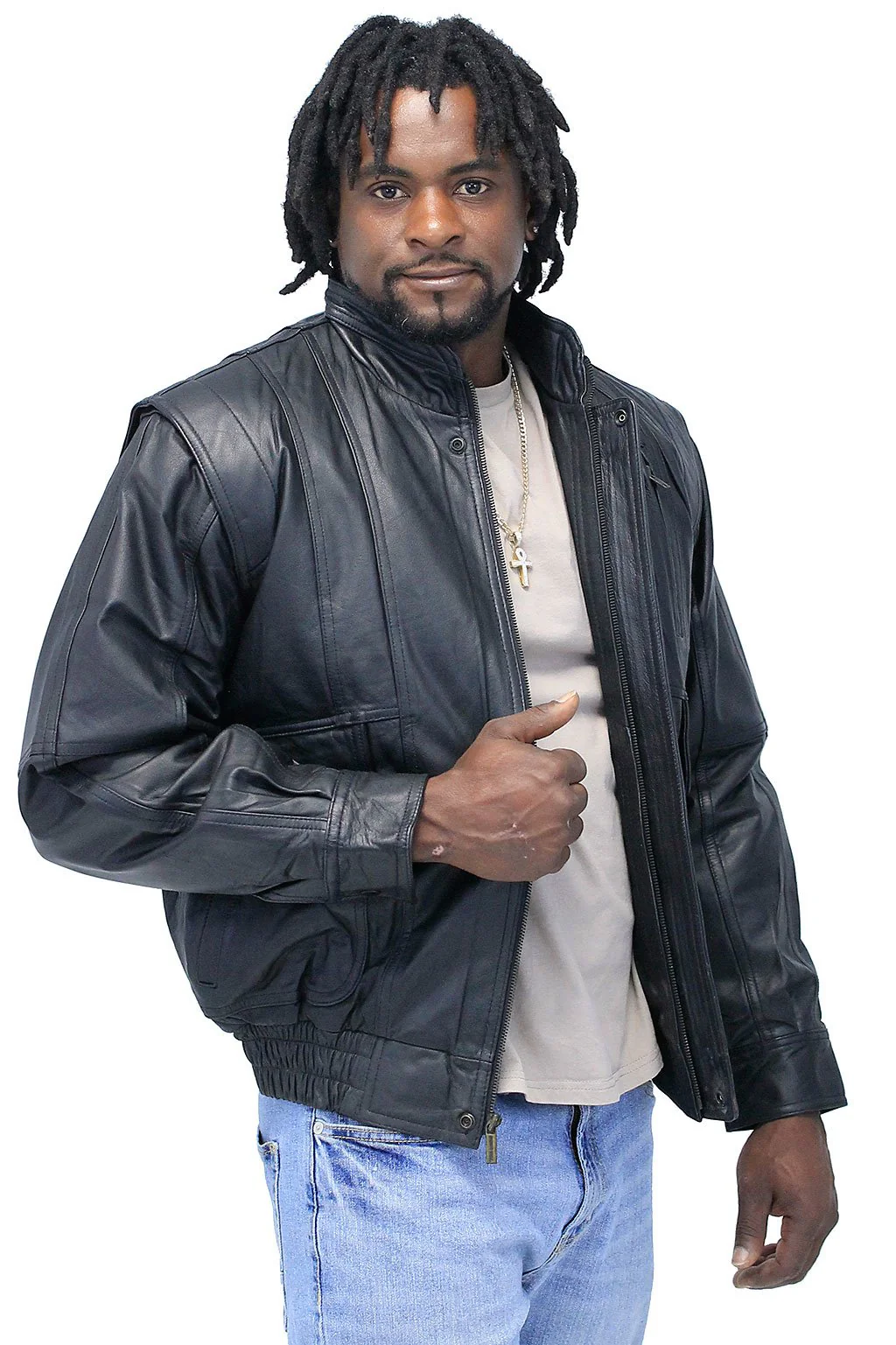 Black Leather Bomber Jacket w/Mandarin Collar #M511ZK (XS-S) - Image 5