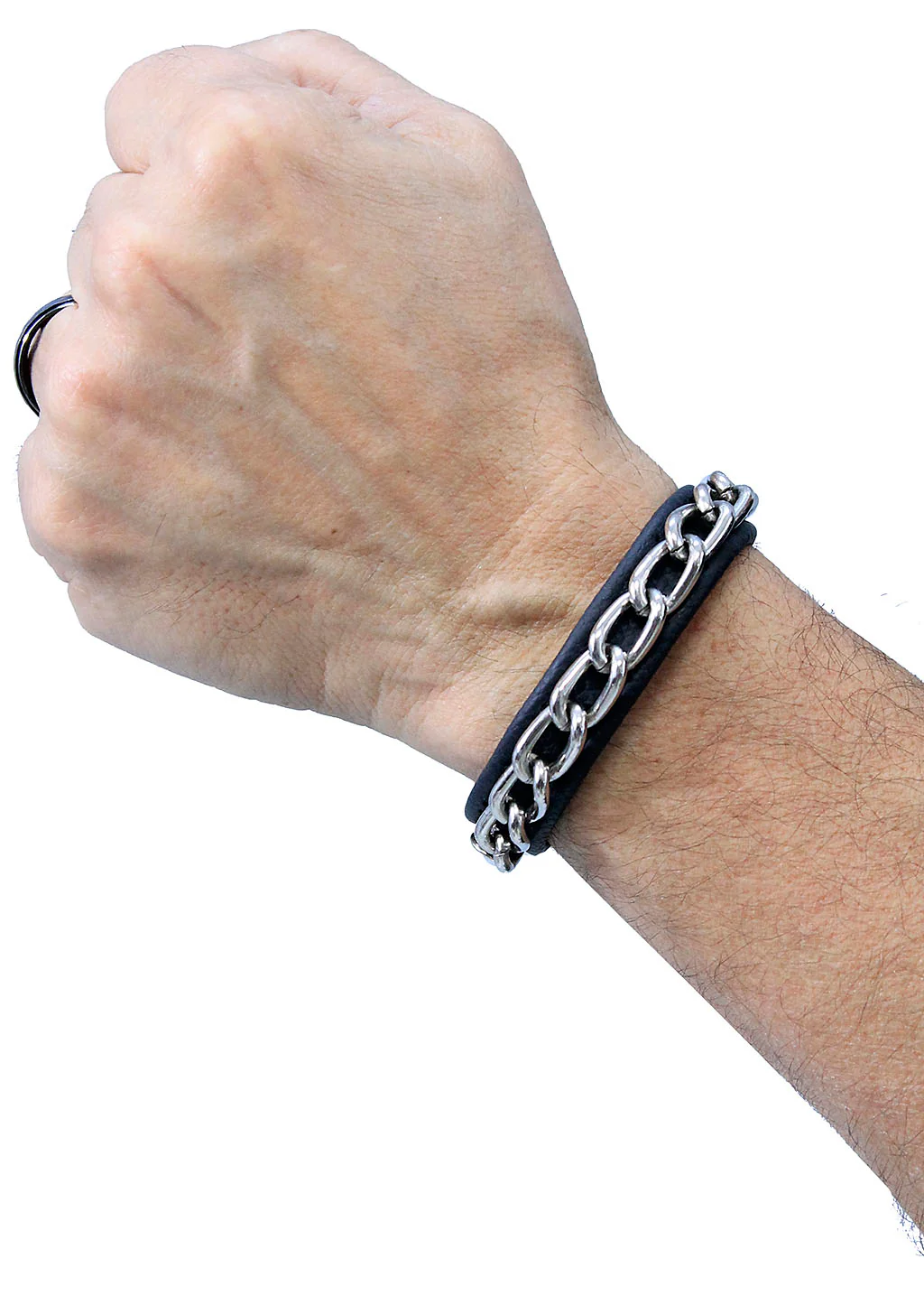 Black Leather & Chain Narrow Wristband #WB25580CS
