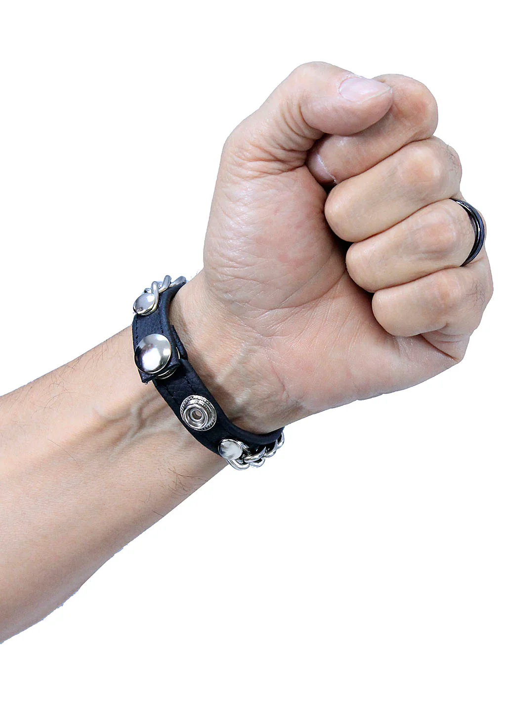 Black Leather & Chain Narrow Wristband #WB25580CS - Image 2