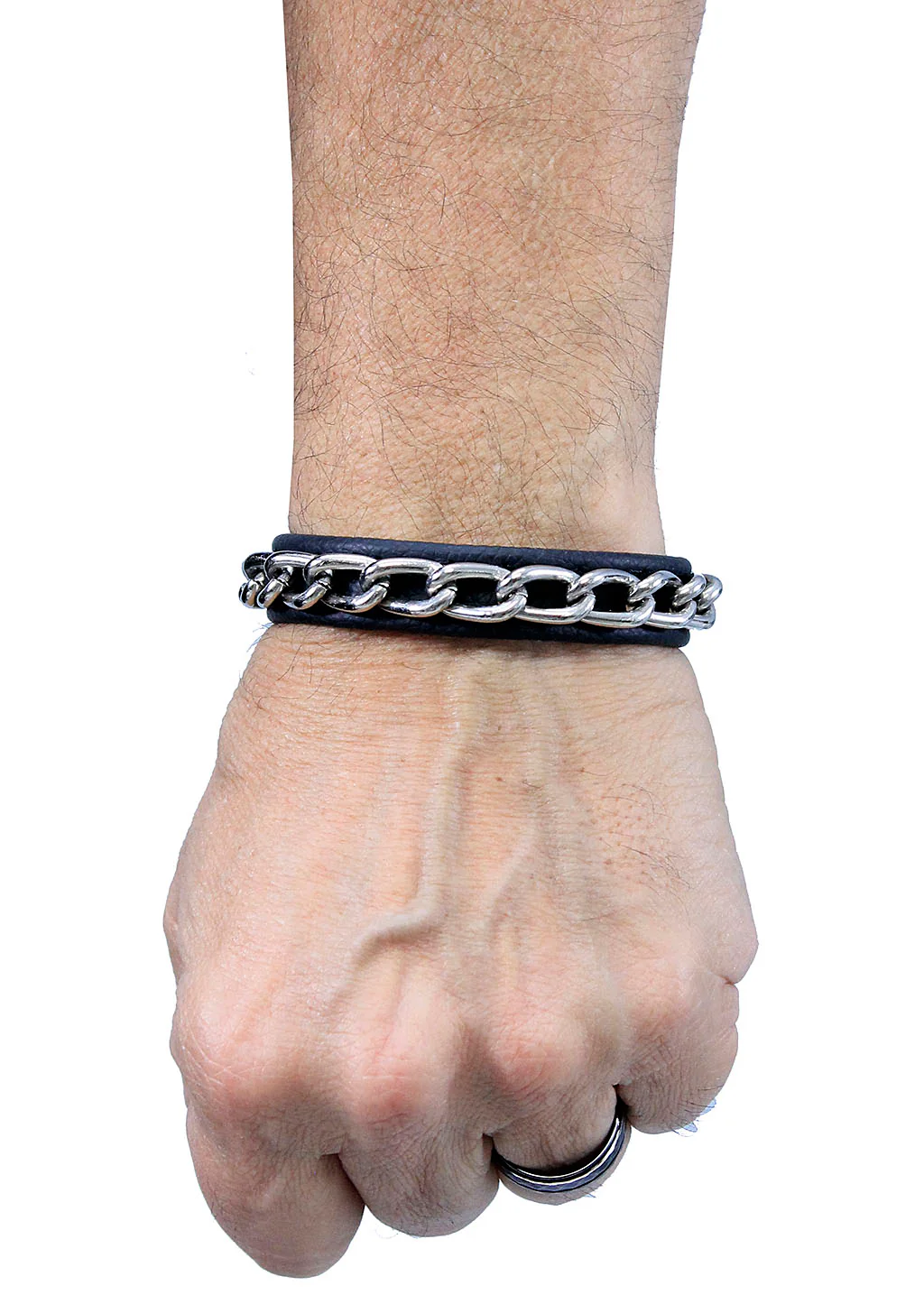Black Leather & Chain Narrow Wristband #WB25580CS - Image 3