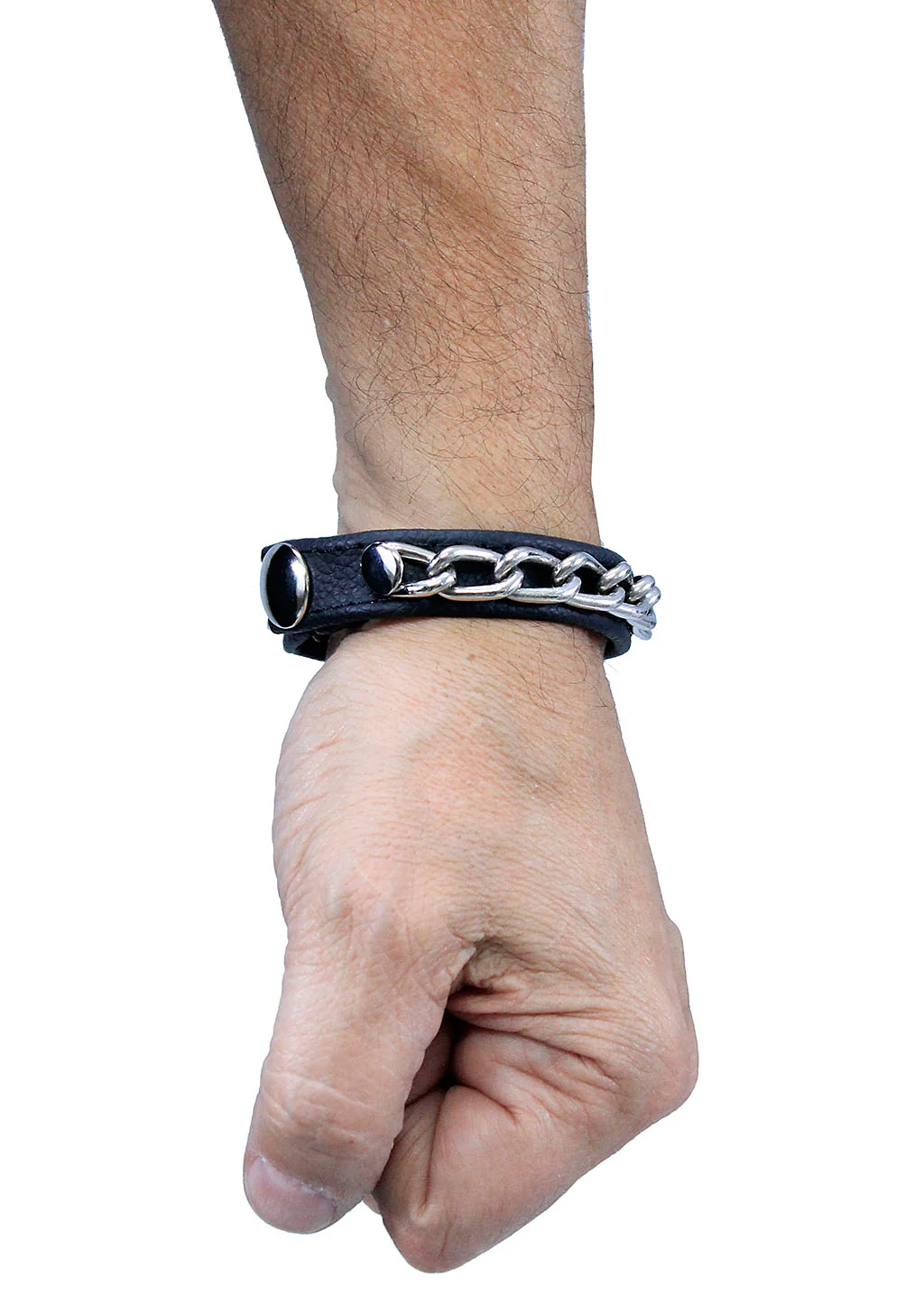 Black Leather & Chain Narrow Wristband #WB25580CS - Image 4