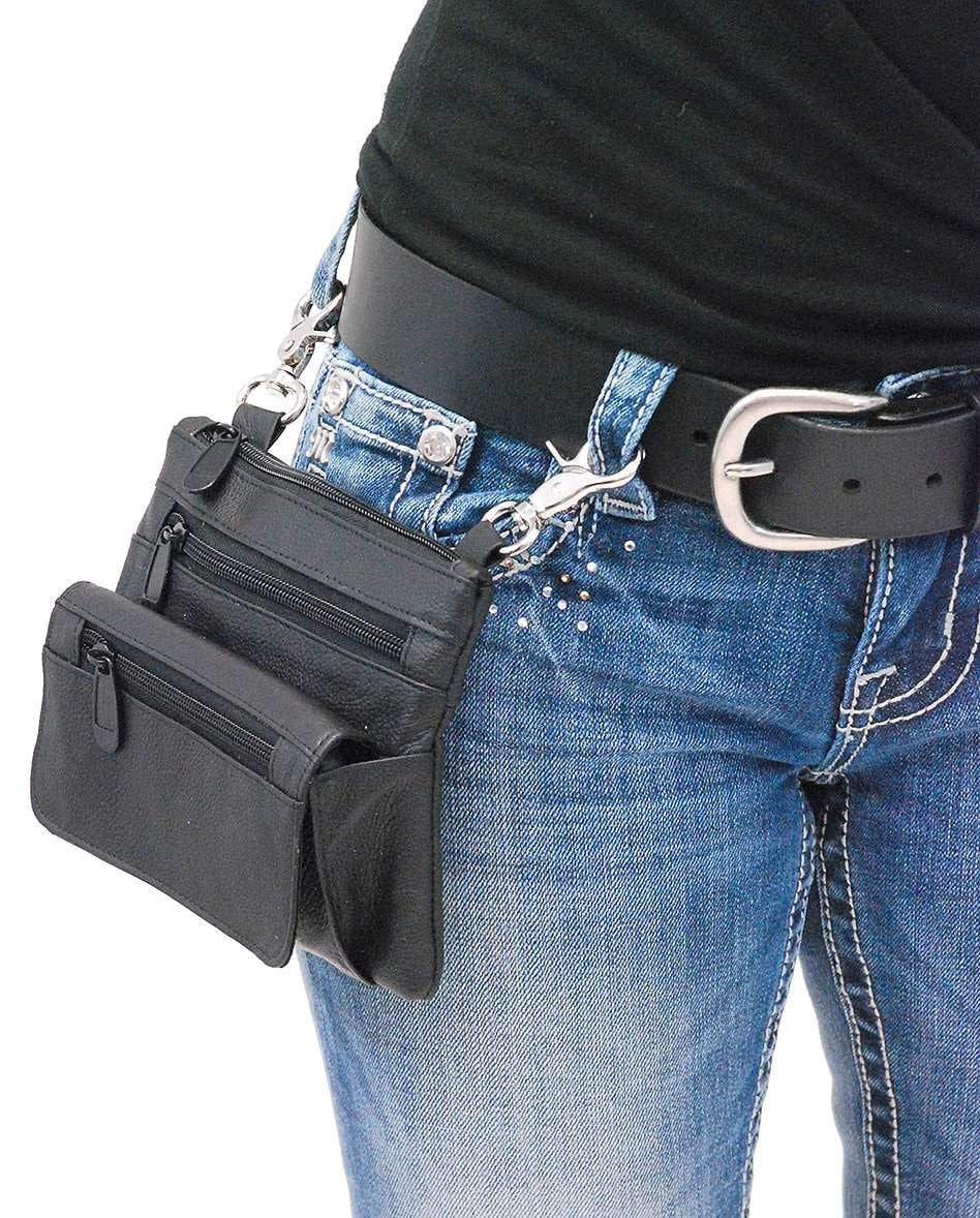 Black Leather Double Clip Pouch Hip Klip Bag for Larger Cell Phones #PKK30970K ()
