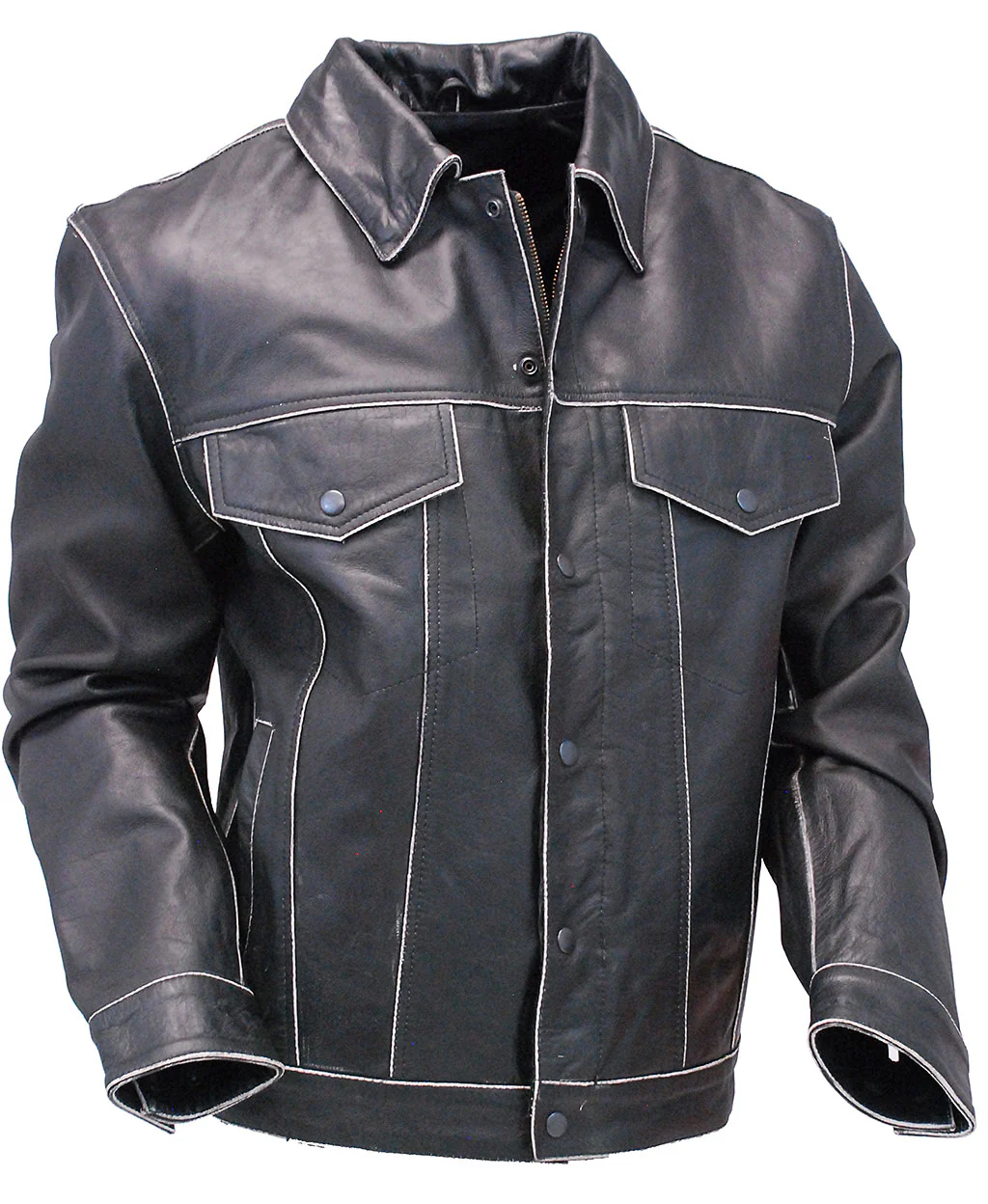 Black Vintage Leather Jean Jacket with Concealed Pockets #MA6643K ()