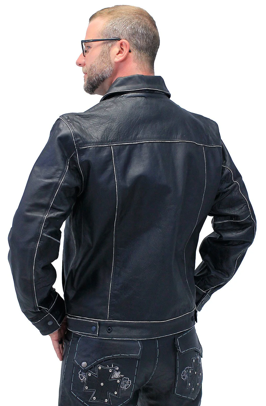 Black Vintage Leather Jean Jacket with Concealed Pockets #MA6643K () - Image 3
