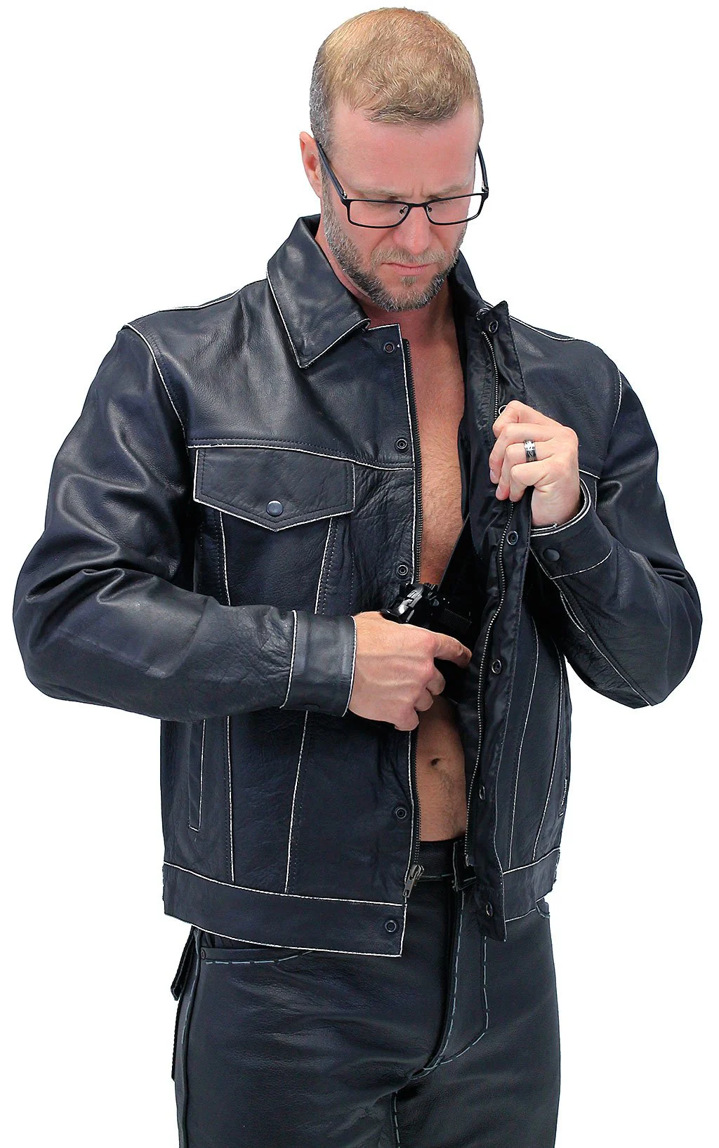 Black Vintage Leather Jean Jacket with Concealed Pockets #MA6643K () - Image 4