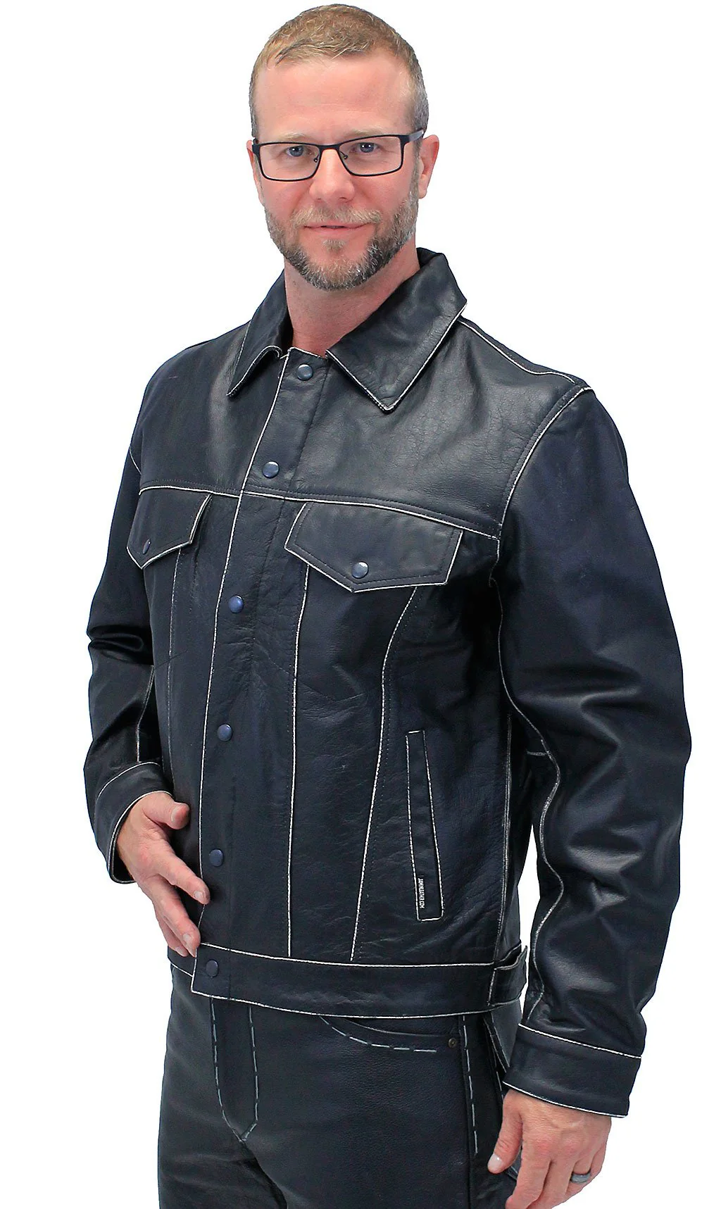 Black Vintage Leather Jean Jacket with Concealed Pockets #MA6643K () - Image 6