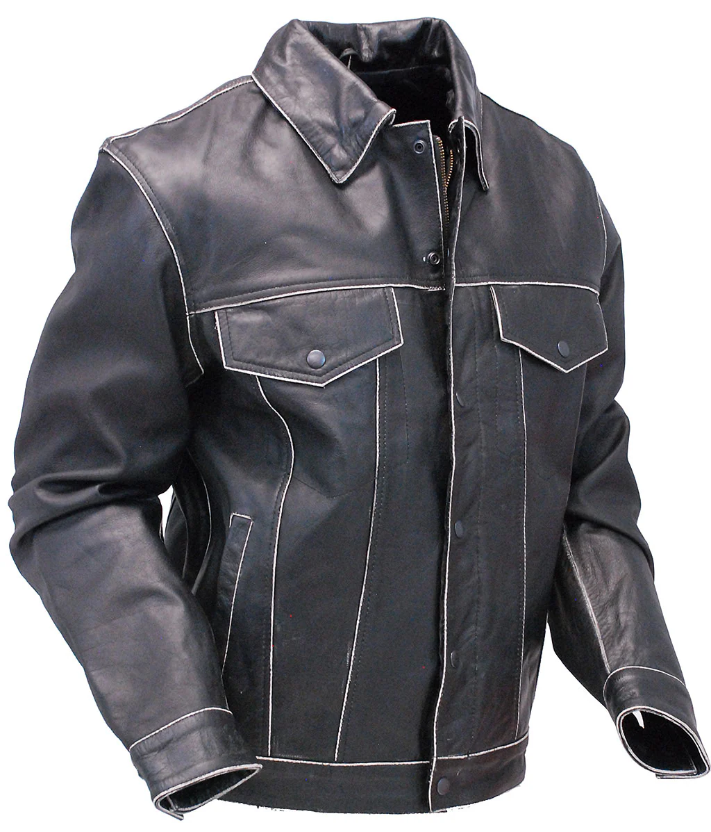 Black Vintage Leather Jean Jacket with Concealed Pockets #MA6643K () - Image 7