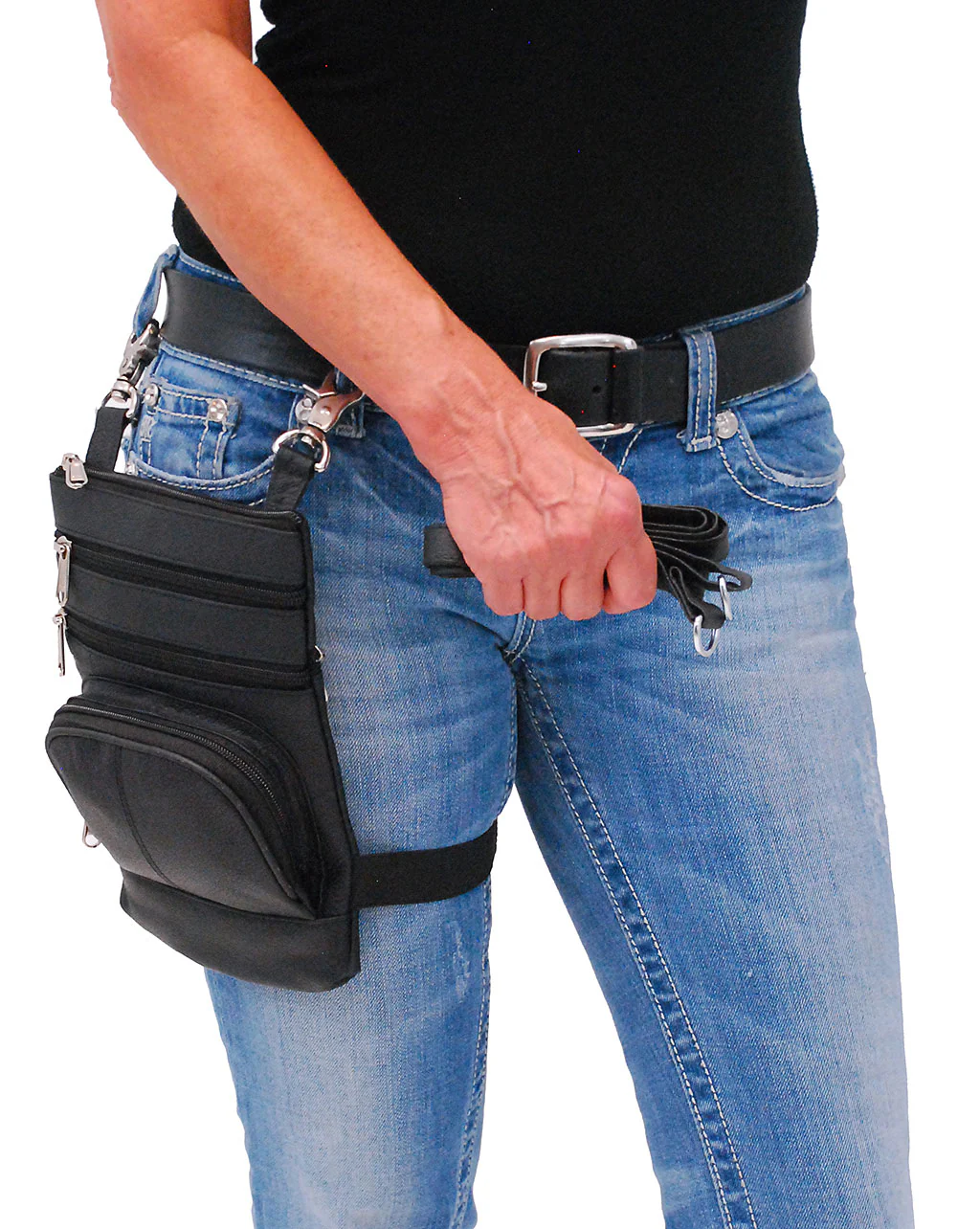 Black Leather Side Purse, Thigh Bag & Hip Clip Pouch #TB830K - Image 3