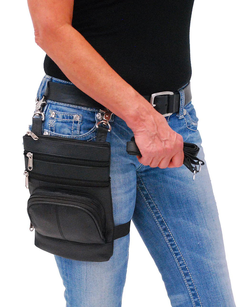 Black Leather Side Purse, Thigh Bag & Hip Clip Pouch #TB830K - Image 4