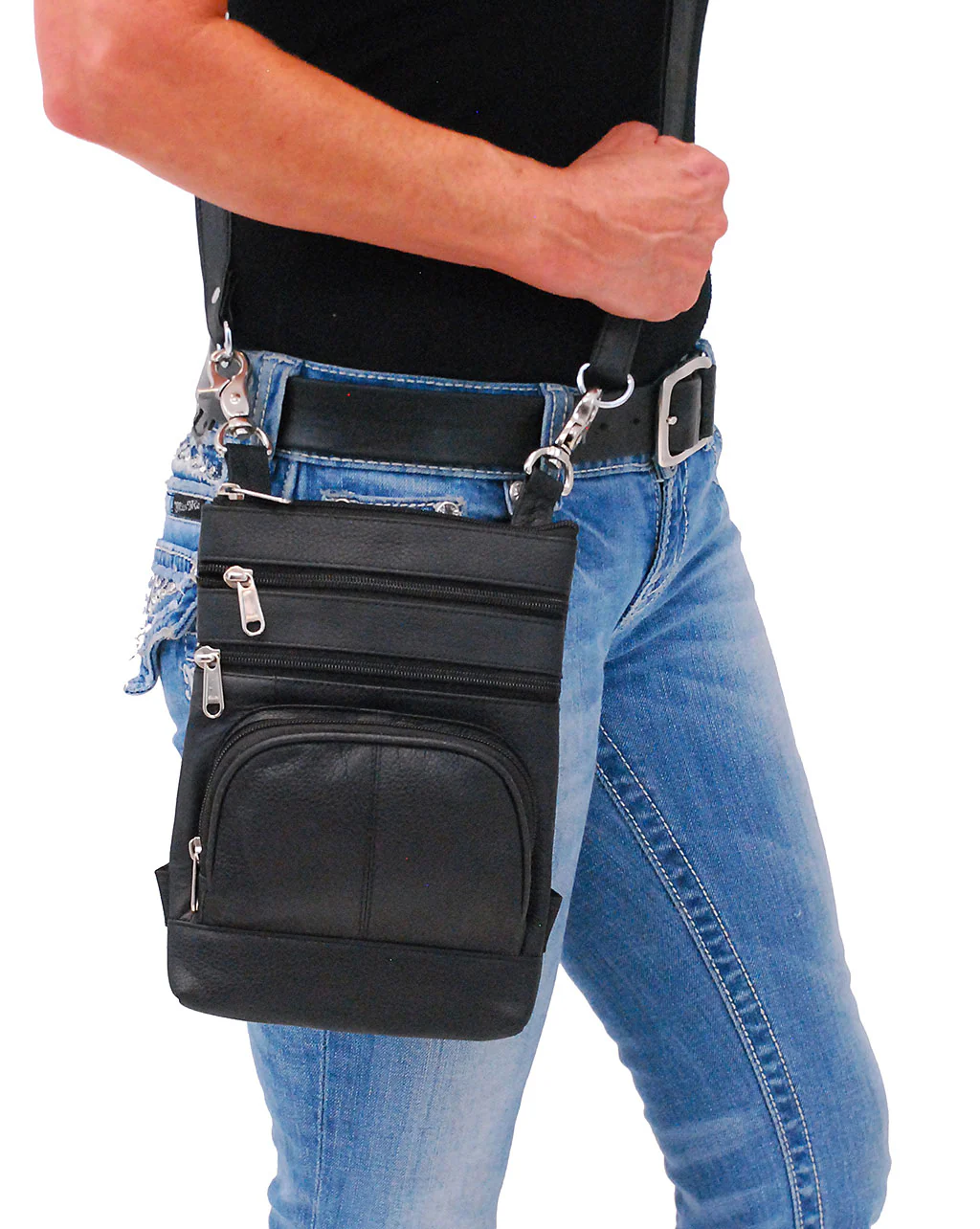 Black Leather Side Purse, Thigh Bag & Hip Clip Pouch #TB830K - Image 5