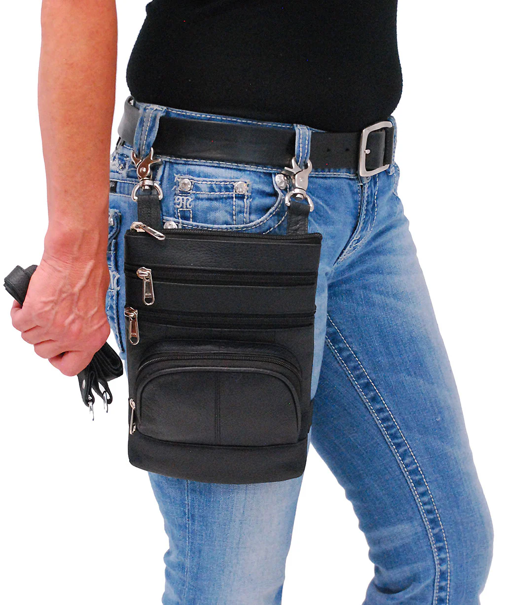 Black Leather Side Purse, Thigh Bag & Hip Clip Pouch #TB830K - Image 6