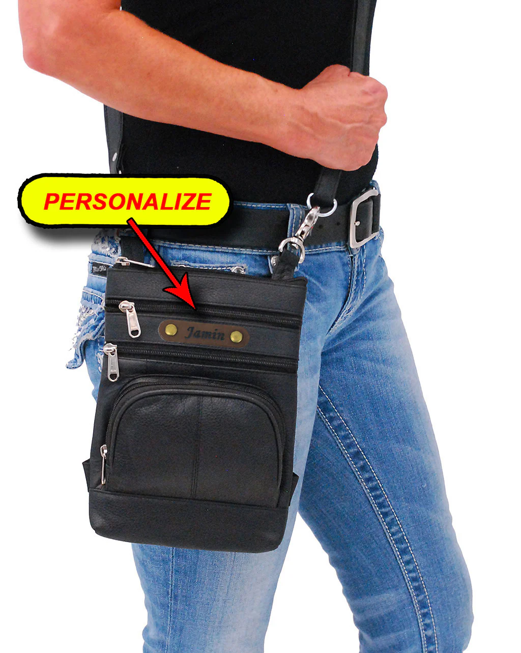 Black Leather Side Purse, Thigh Bag & Hip Clip Pouch #TB830K - Image 7