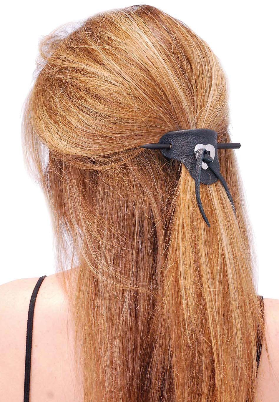 Black Leather Stick Barrette w/Heart Concho #AH14010K () - Image 2