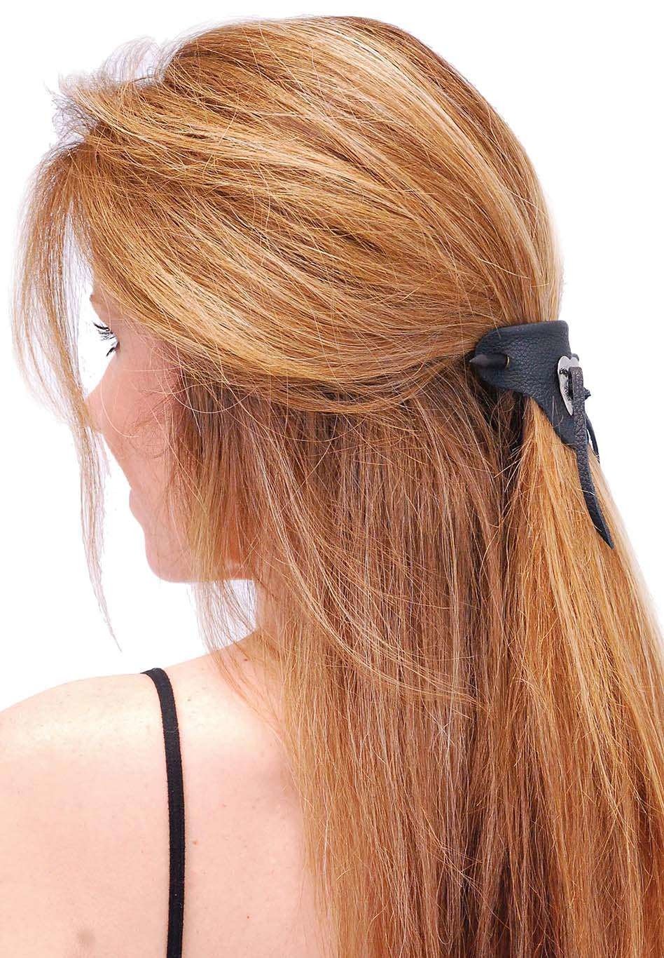 Black Leather Stick Barrette w/Heart Concho #AH14010K () - Image 3