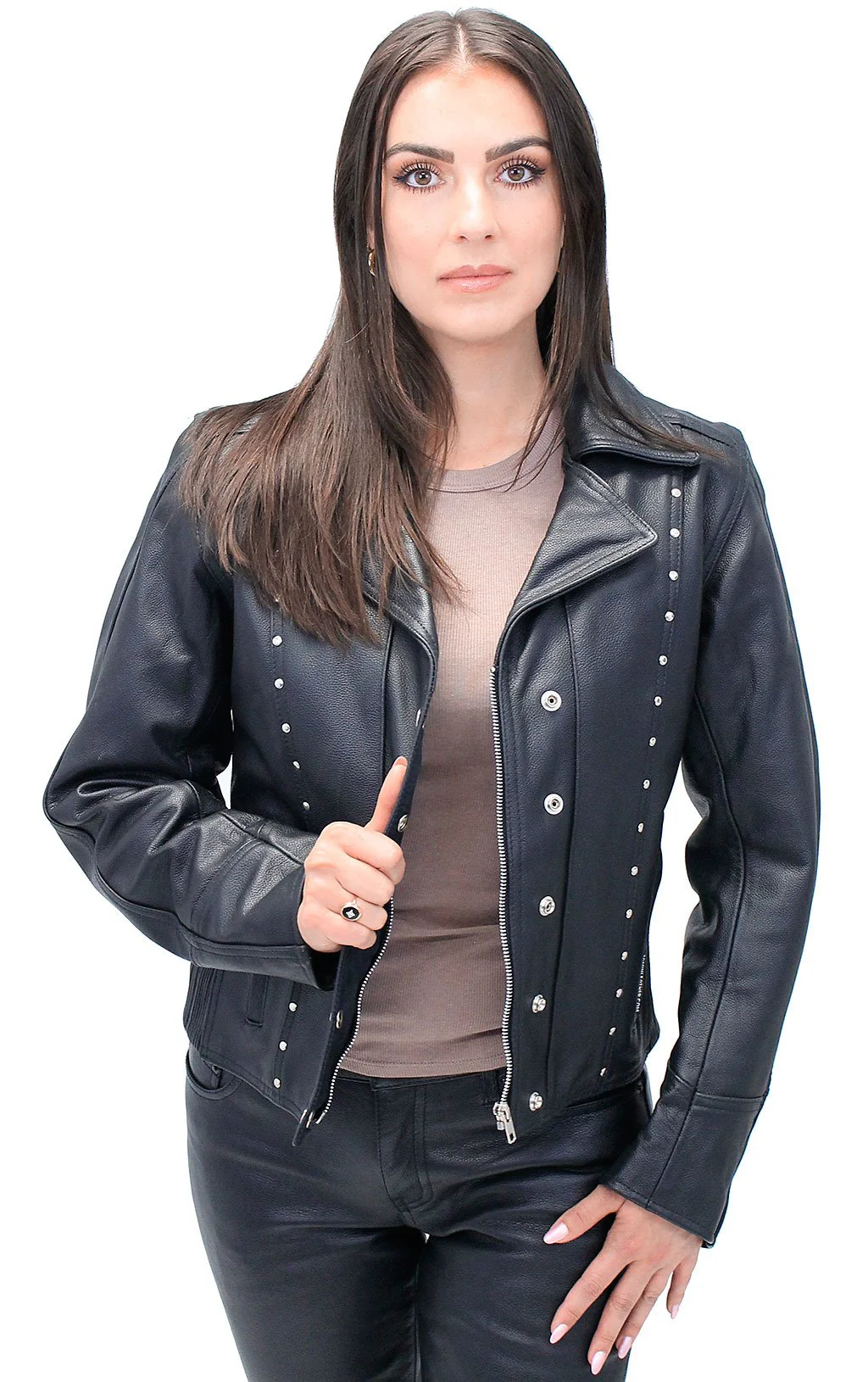 Black Rivet Trim Cowhide Motorcycle Jacket #L4042RZK (XS-4X)