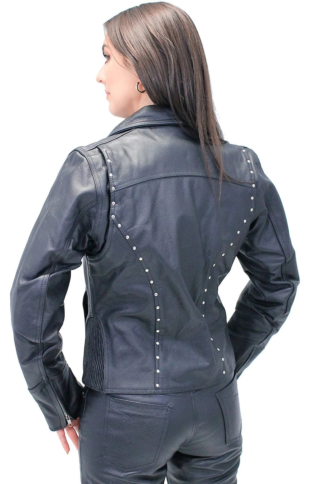 Black Rivet Trim Cowhide Motorcycle Jacket #L4042RZK (XS-4X) - Image 2
