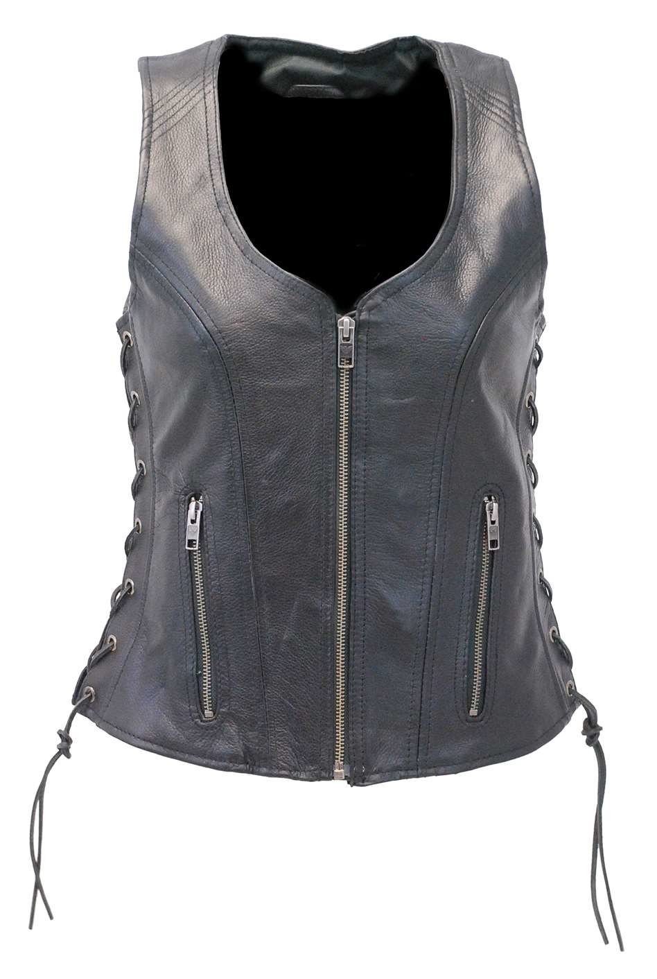 Black Women's Concealed Pockets Side Lace Leather Zip Vest #VL4531GLK - Image 3