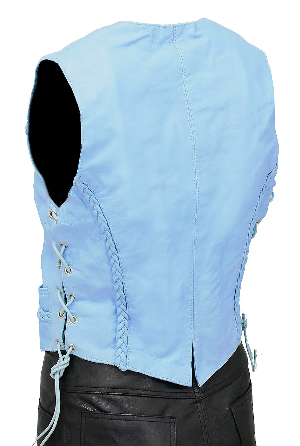 Blue Braid Trim Side Lace Leather Vest #VL2215BU () - Image 2