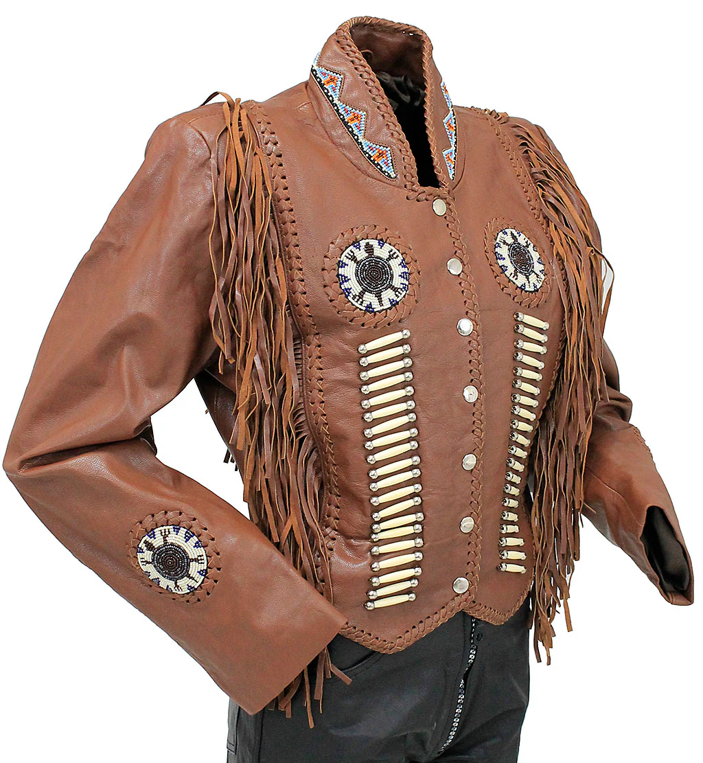 Brown Fringe Jacket with Bone & Mini Beads #L4251FBN (XS-S) - Image 3