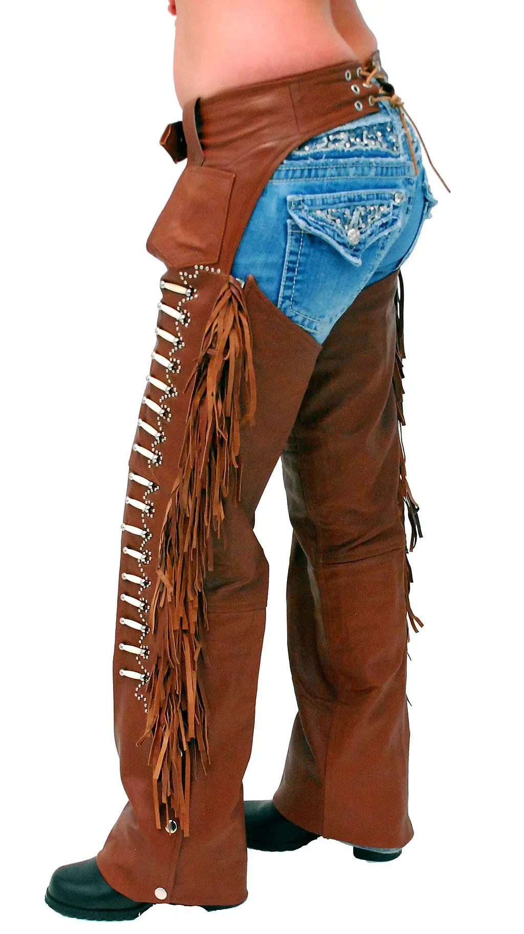 Brown Leather Chaps w/Fringe & Bone Beading #C4300FBN () - Image 2