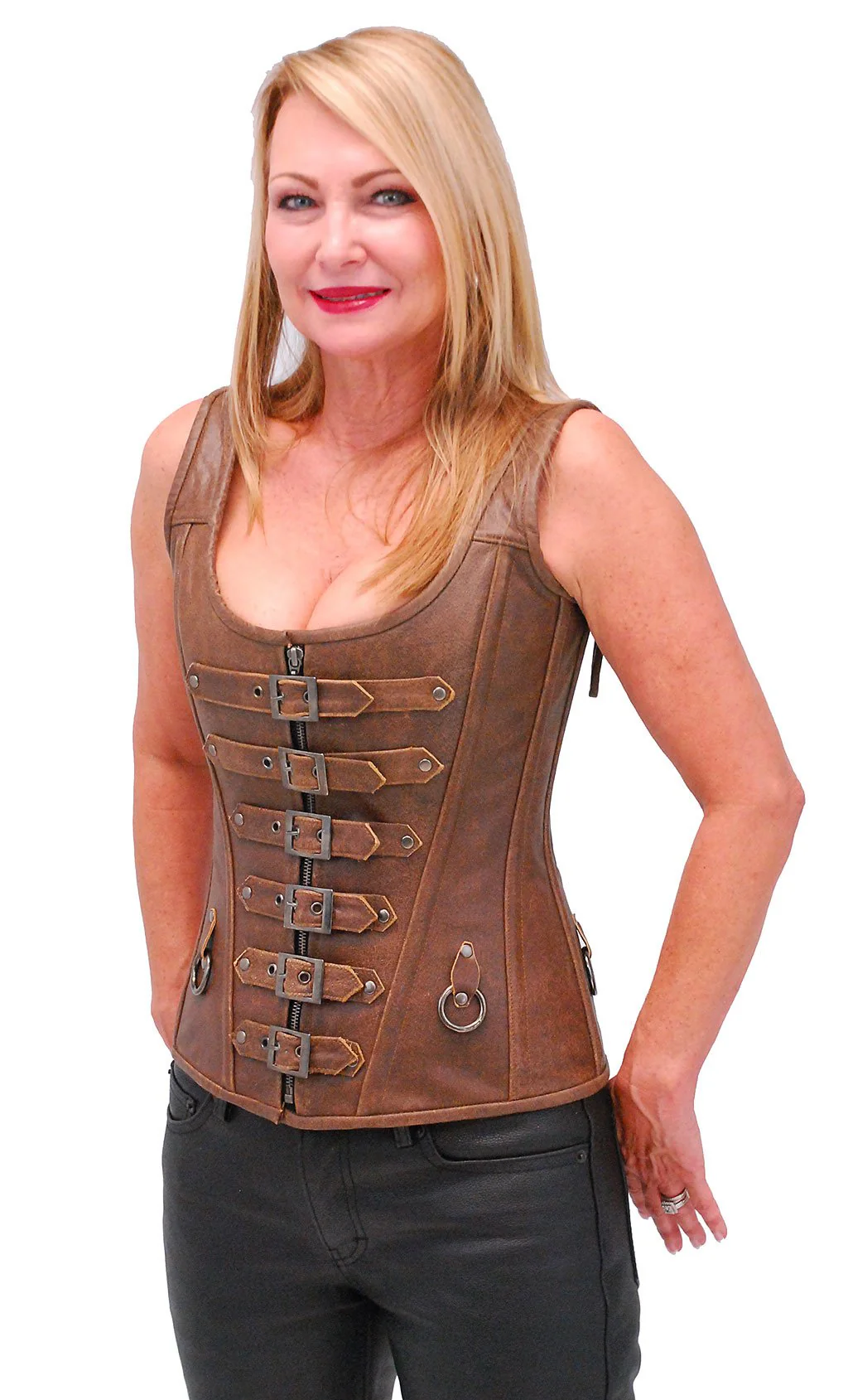 Brown Long Body 6 Buckle Leather Corset w/Boning #LH1319BUCN