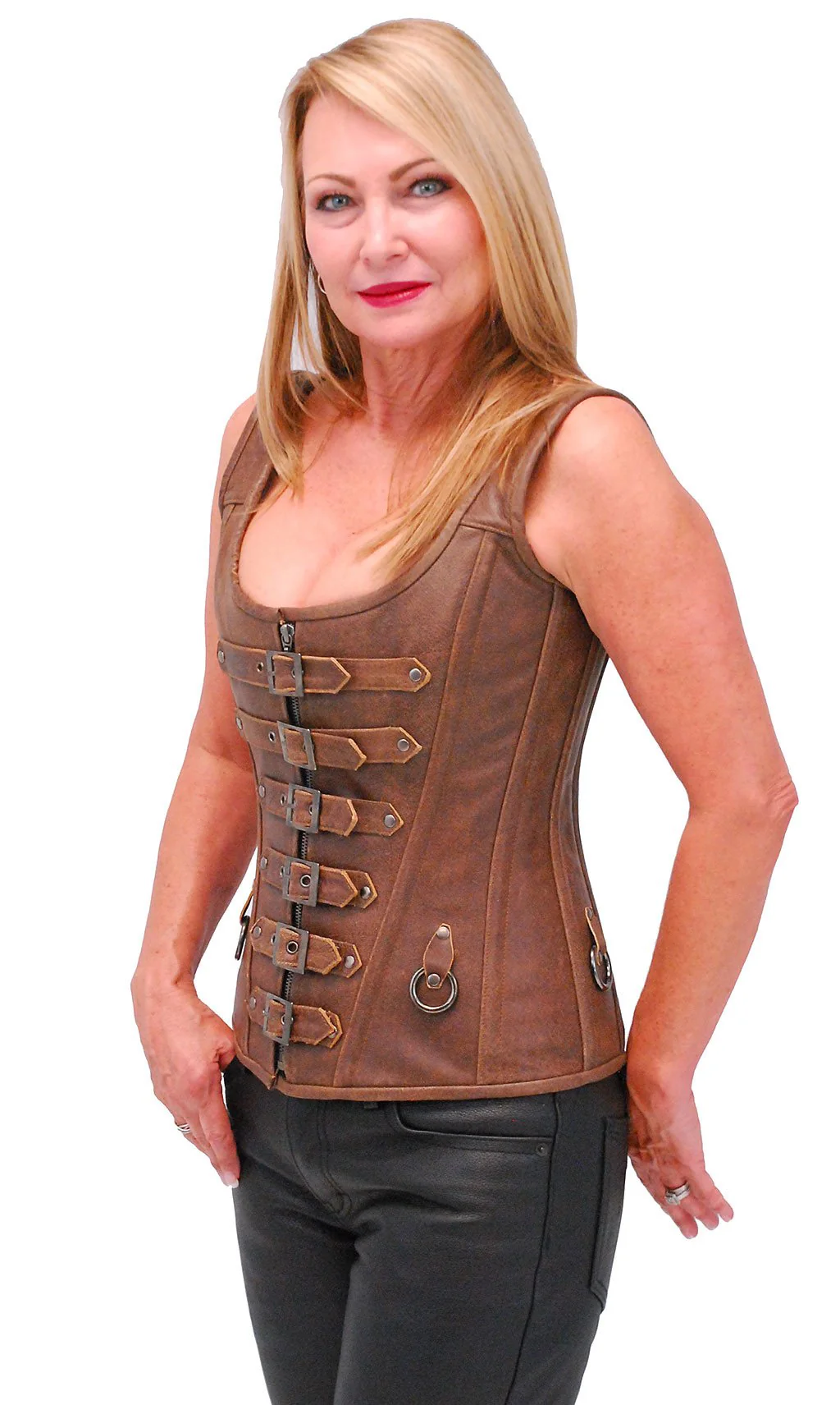 Brown Long Body 6 Buckle Leather Corset w/Boning #LH1319BUCN - Image 3