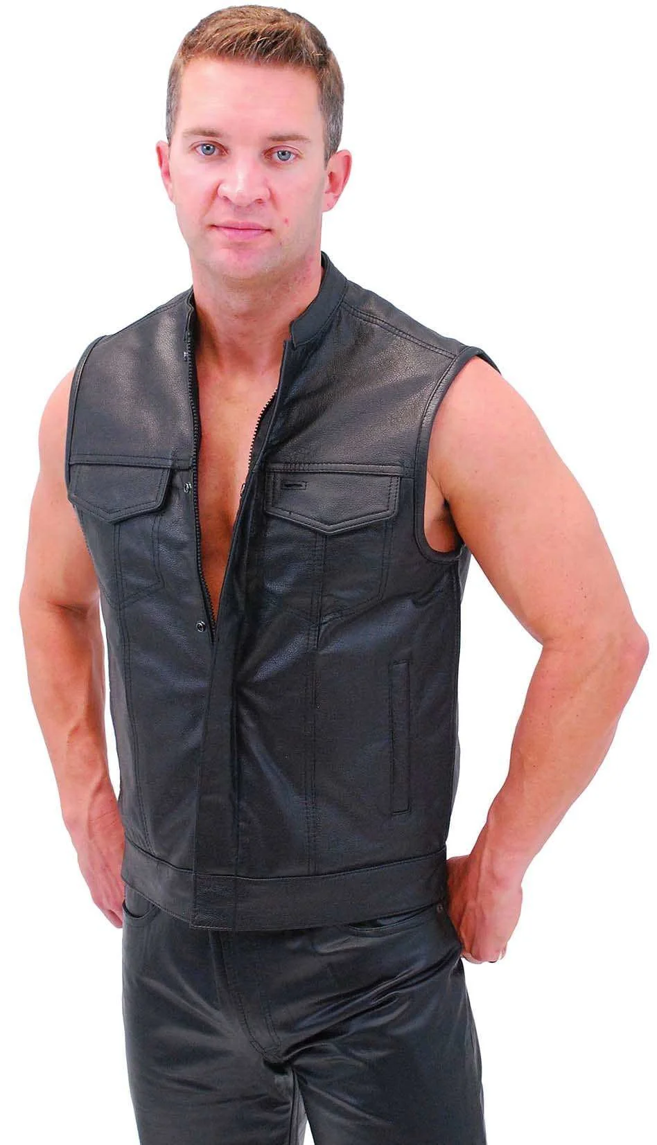 Men's Snap & Zip Buffalo Leather Club Vest w/1 Piece Back #VM690GZK () - Image 2