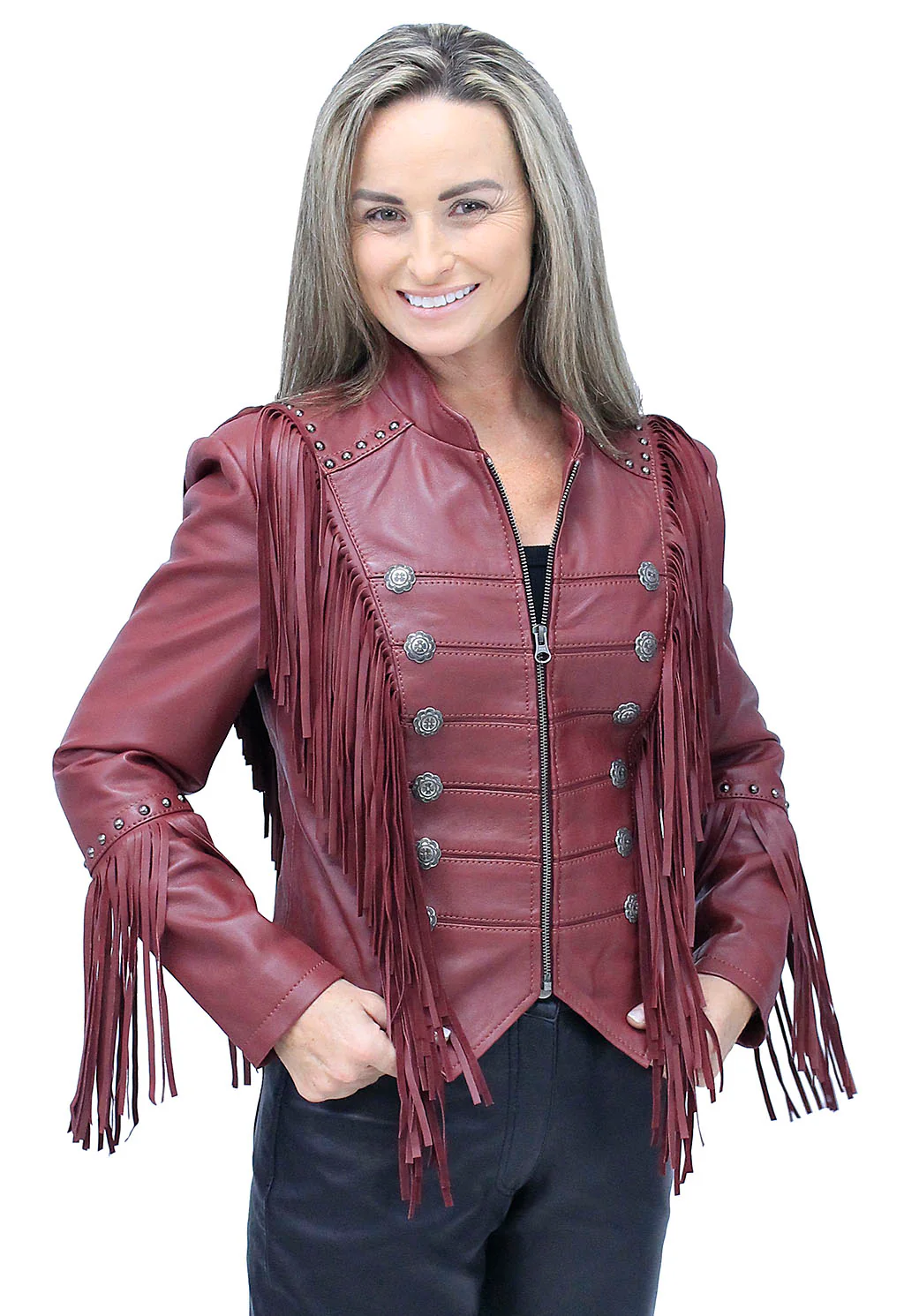 Burgundy Red Leather Fringed Band Leader Jacket #L98426SFR - Image 3