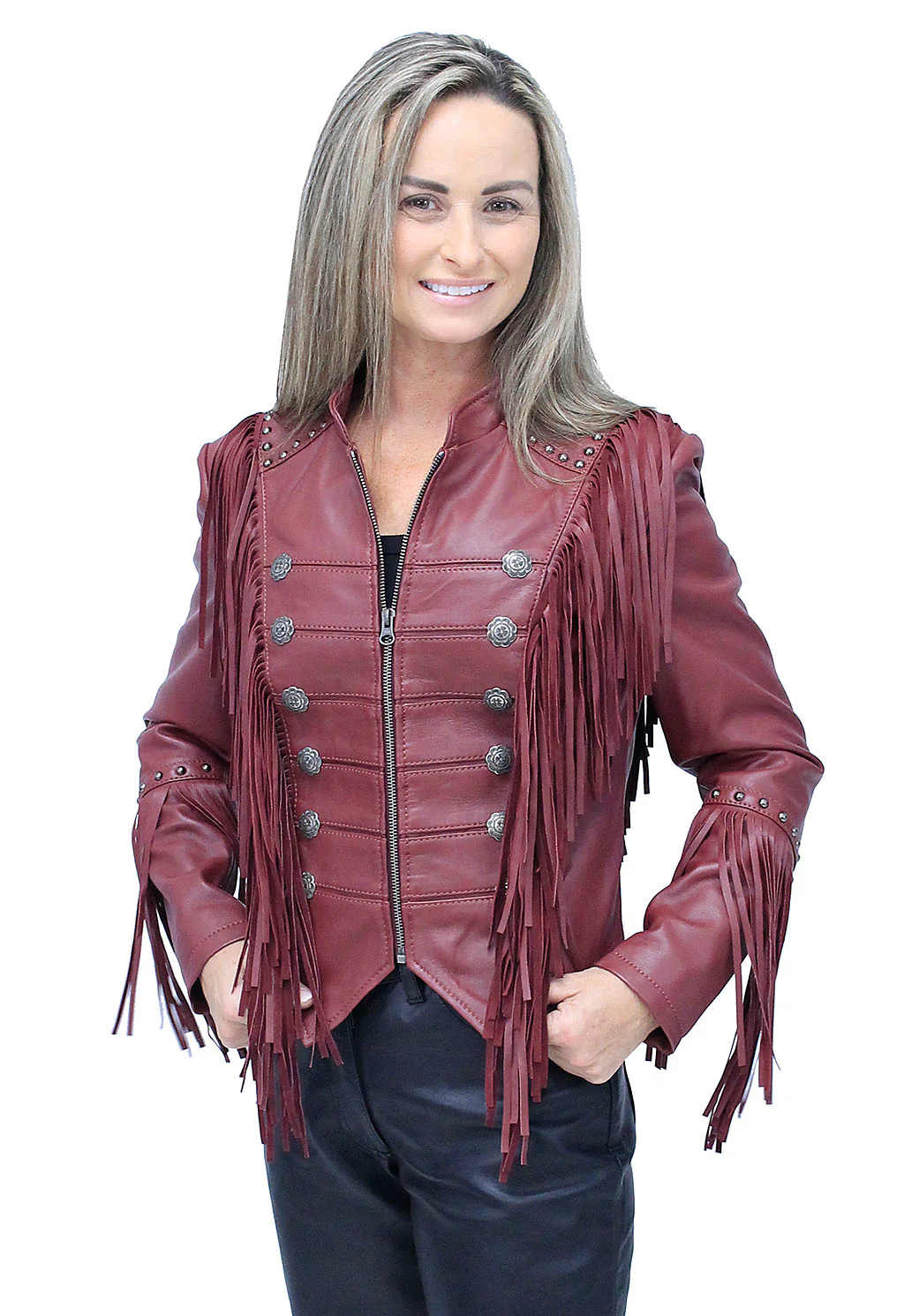 Burgundy Red Leather Fringed Band Leader Jacket #L98426SFR - Image 4
