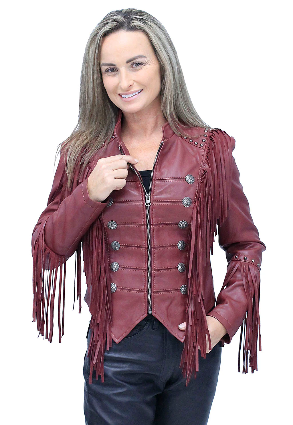 Burgundy Red Leather Fringed Band Leader Jacket #L98426SFR - Image 5