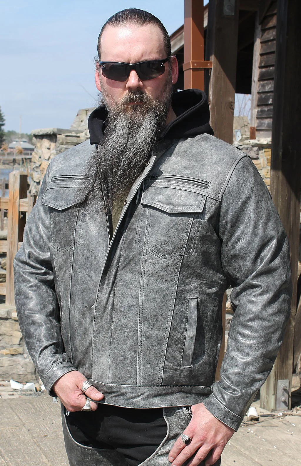 Concealed Pocket Gray Motorcycle Jacket w/Venting & Hood #M6906HVZGY () - Image 7