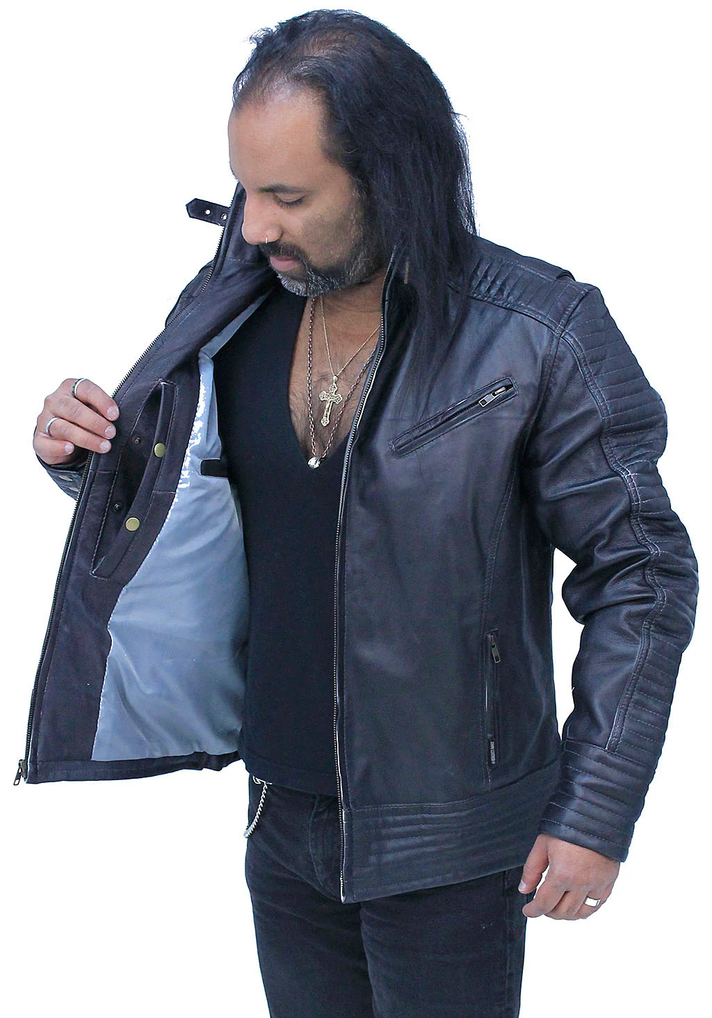 Charcoal Gray Leather Ribbed Trim Jacket w/Butterfly Collar #MA1993GY - Image 3