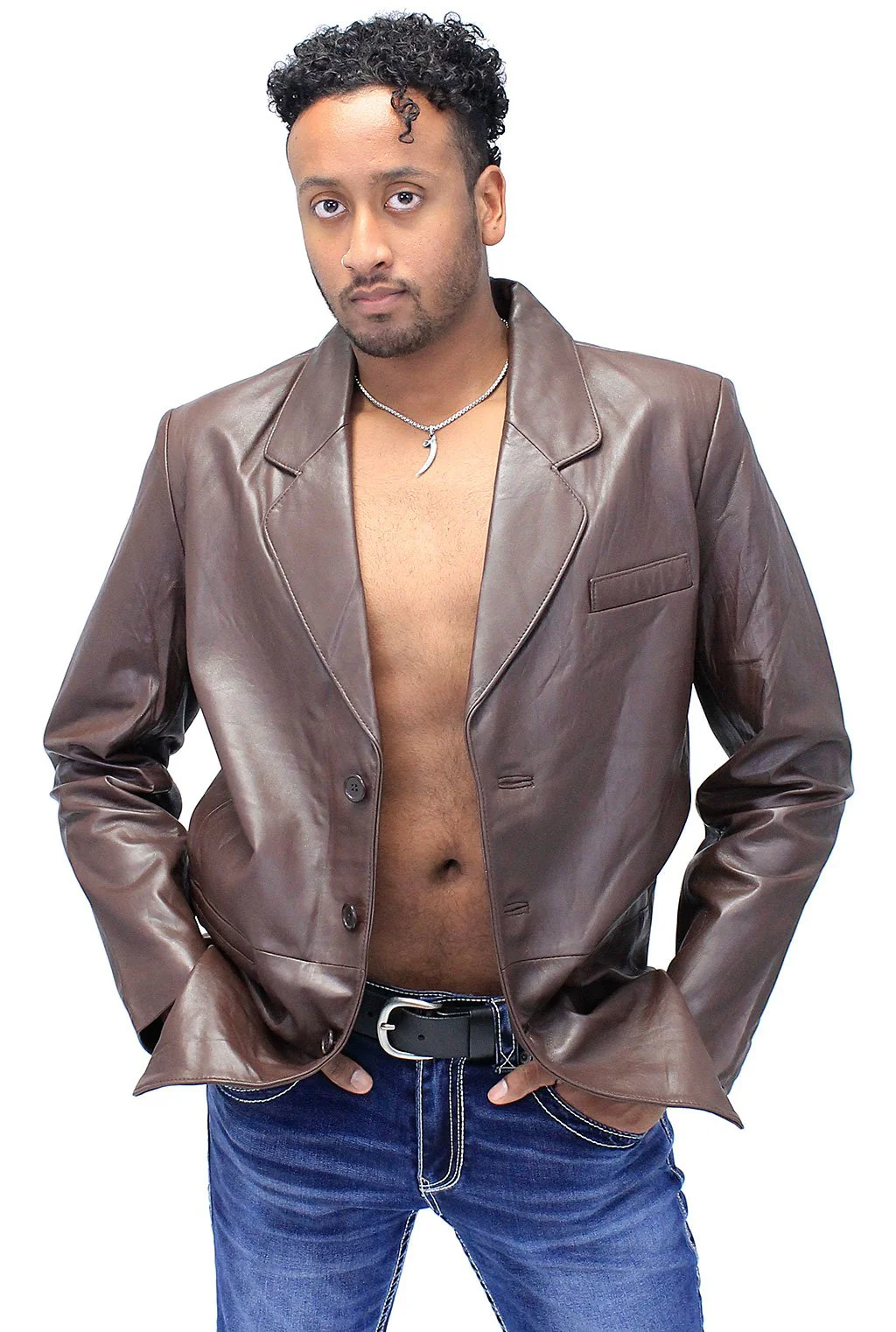 Men's Chocolate Brown Button Lambskin Leather Blazer #M1181N - Image 3