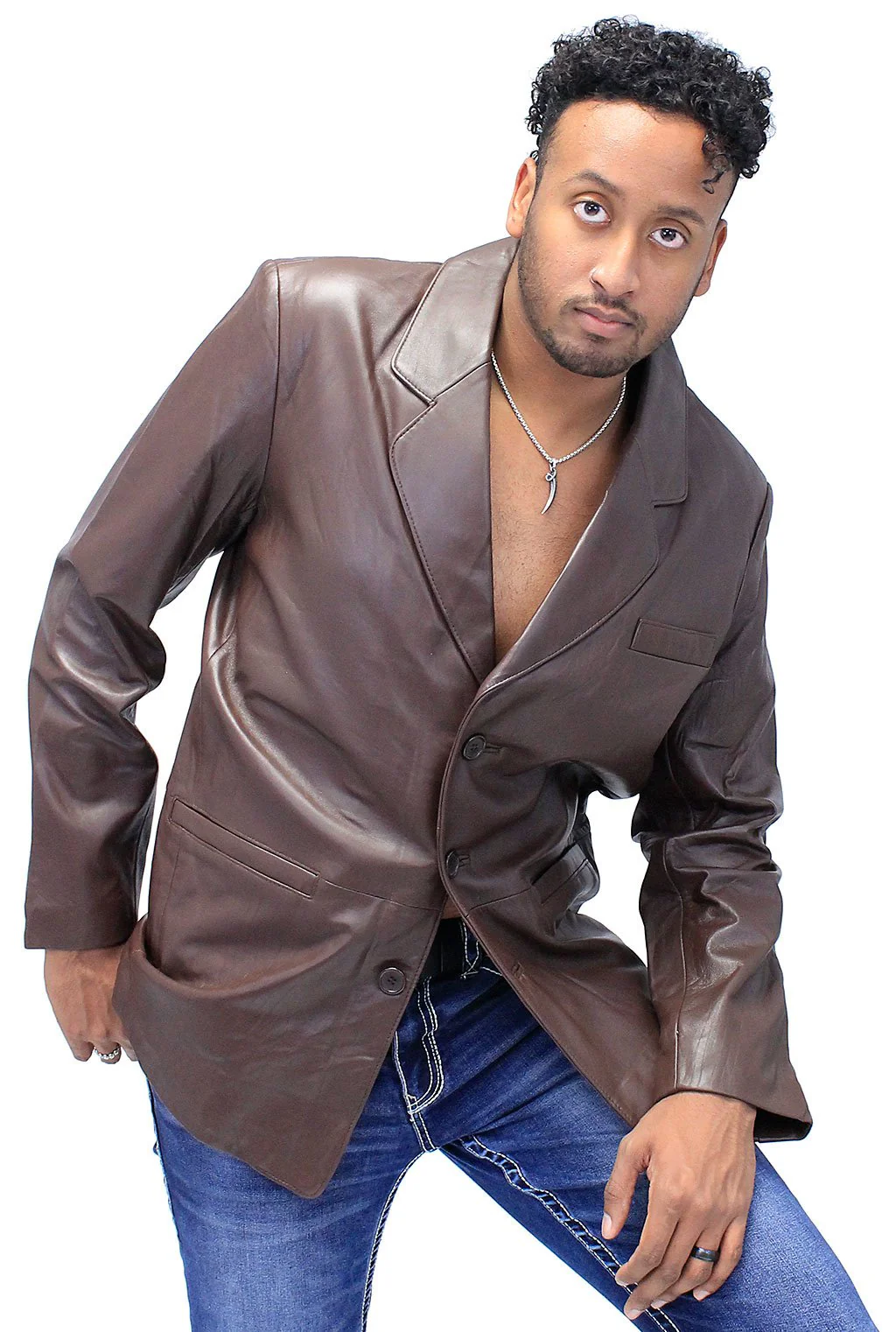 Men's Chocolate Brown Button Lambskin Leather Blazer #M1181N - Image 4