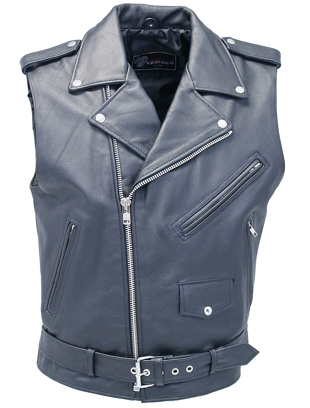 Classic Black Leather Motorcycle Vest w/Concealed #VM926GK - Image 3