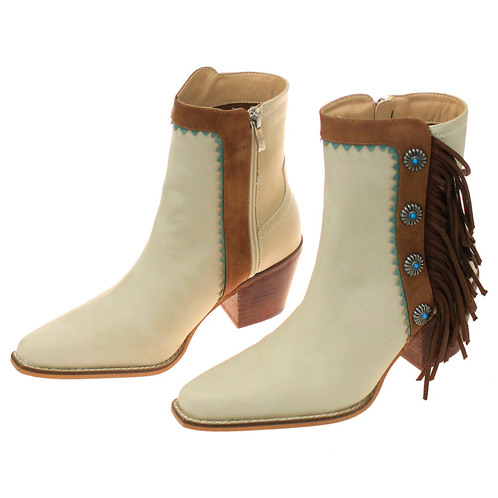 6" Cream Western Ankle Boots with Brown Fringe & Conchos #BLC10FT-GIZ6 - Image 3